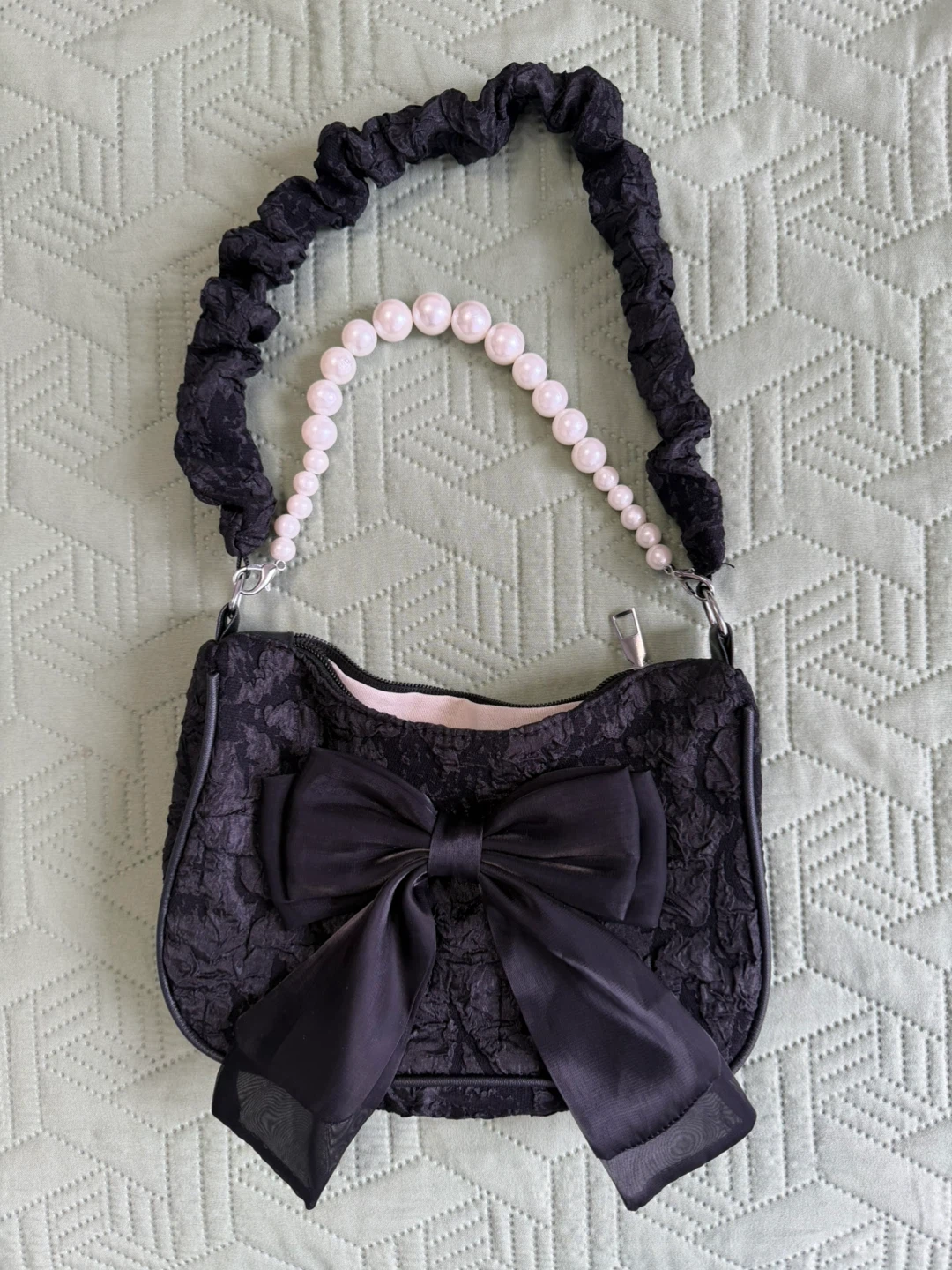 Black Textured Shoulder Bag with Bow and Pearl Strap
