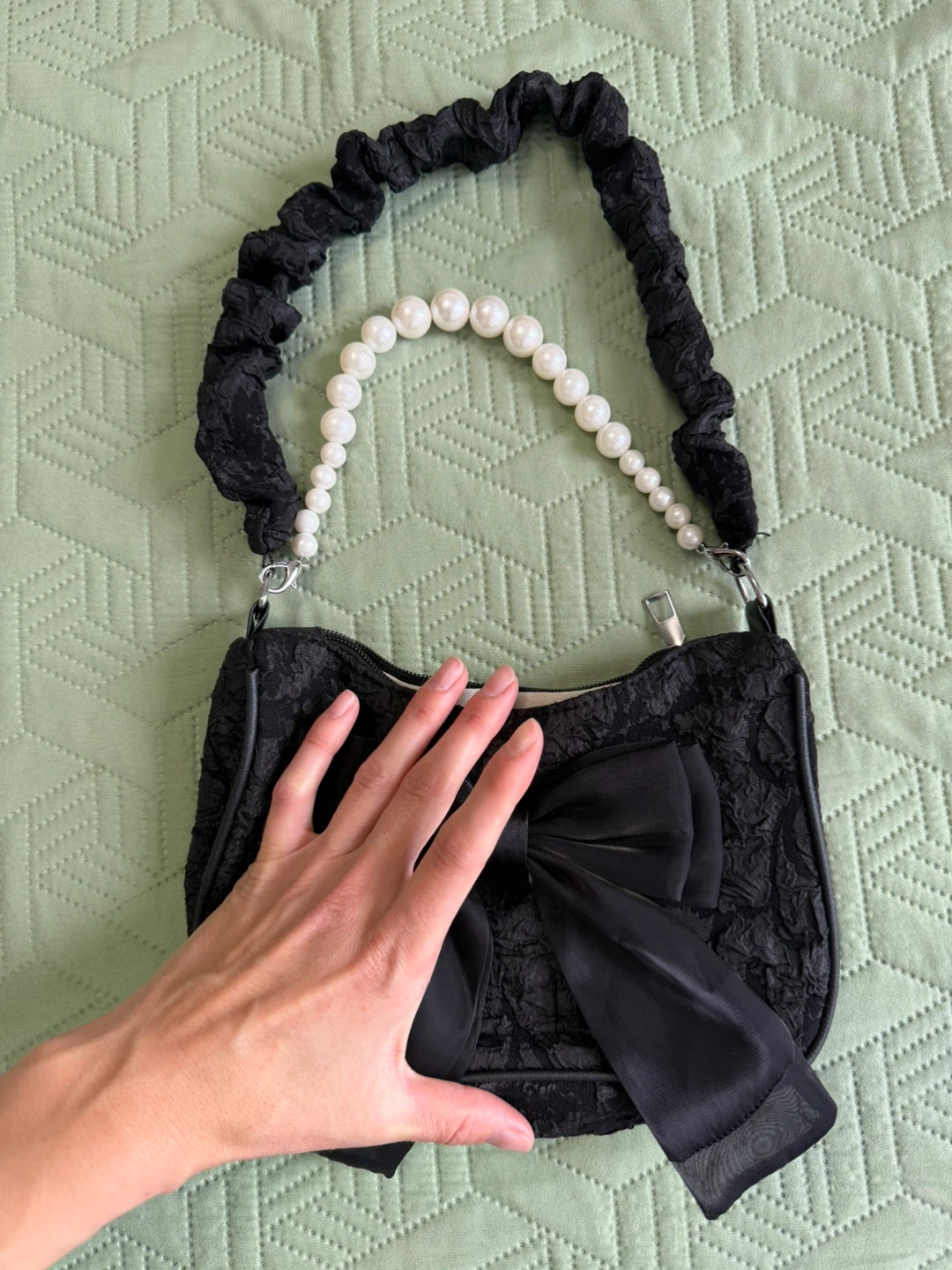 Black Textured Shoulder Bag with Bow and Pearl Strap - photo 3