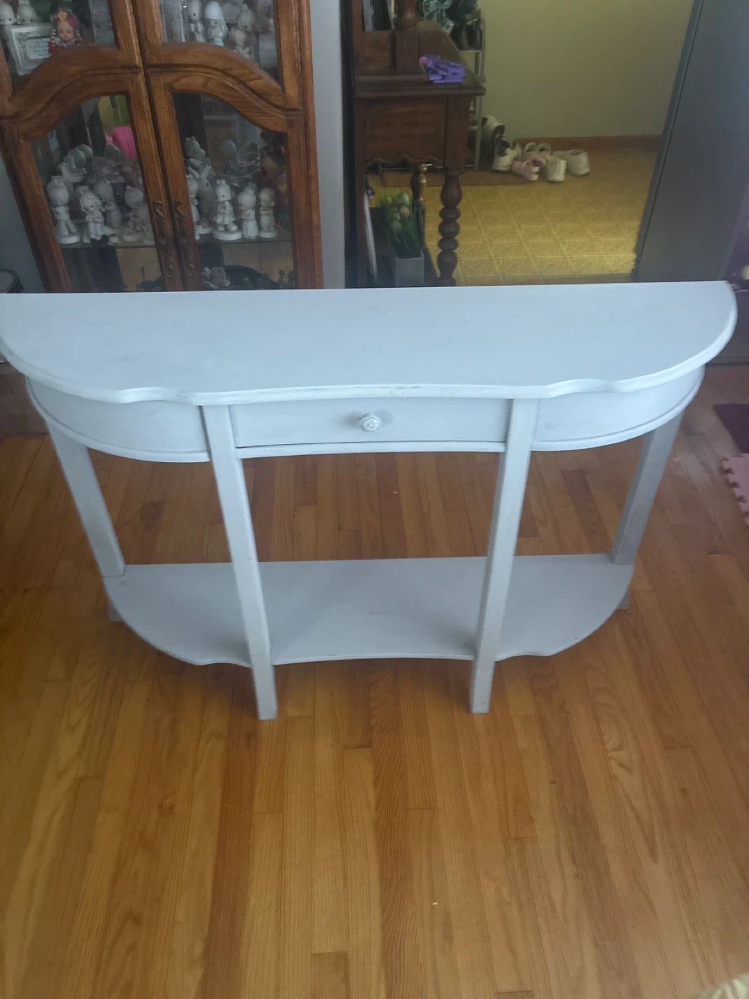 Gray Half-Moon Console Table with Drawer and Shelf