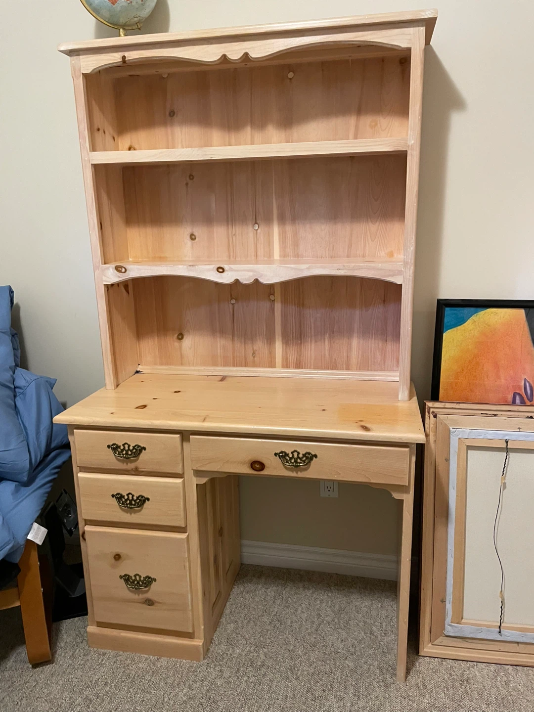 Pine Wood Desk with Hutch and Drawers
