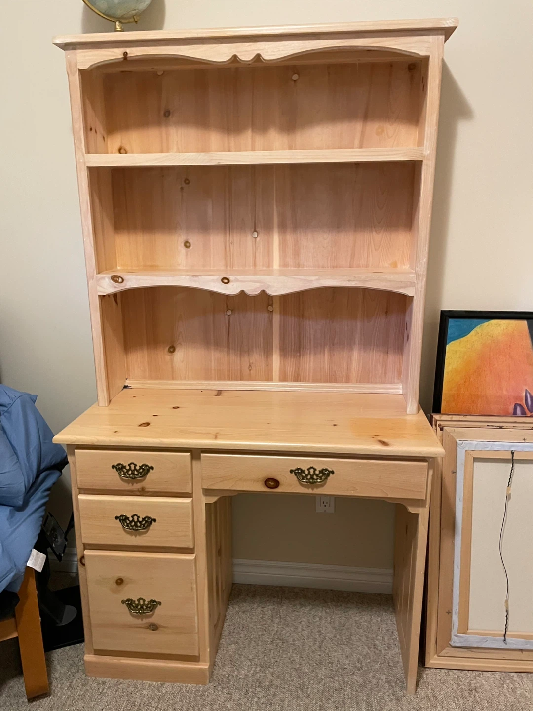 Pine Wood Desk with Hutch and Drawers - photo 2
