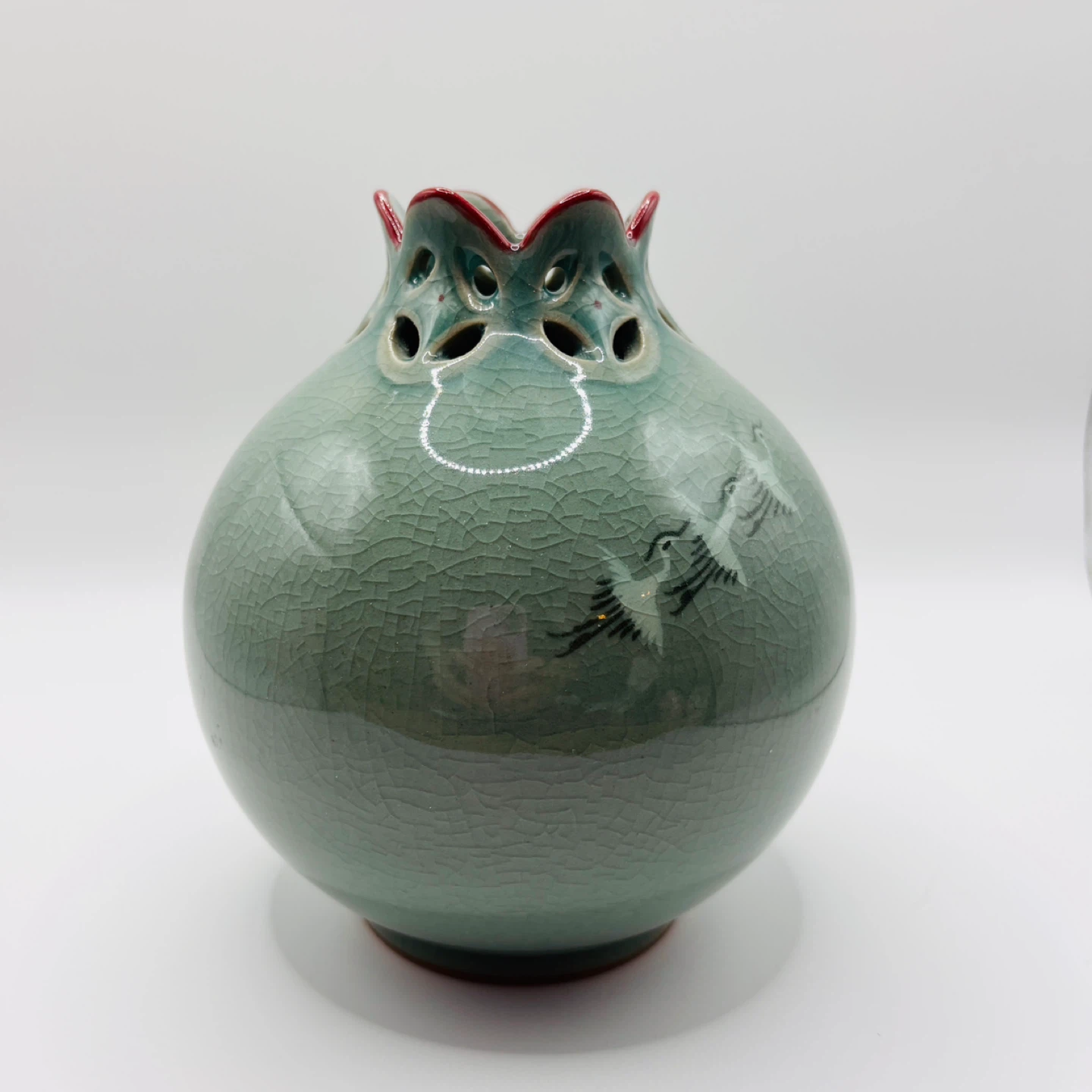 Signed Pomegranate Vase with Crane Motif