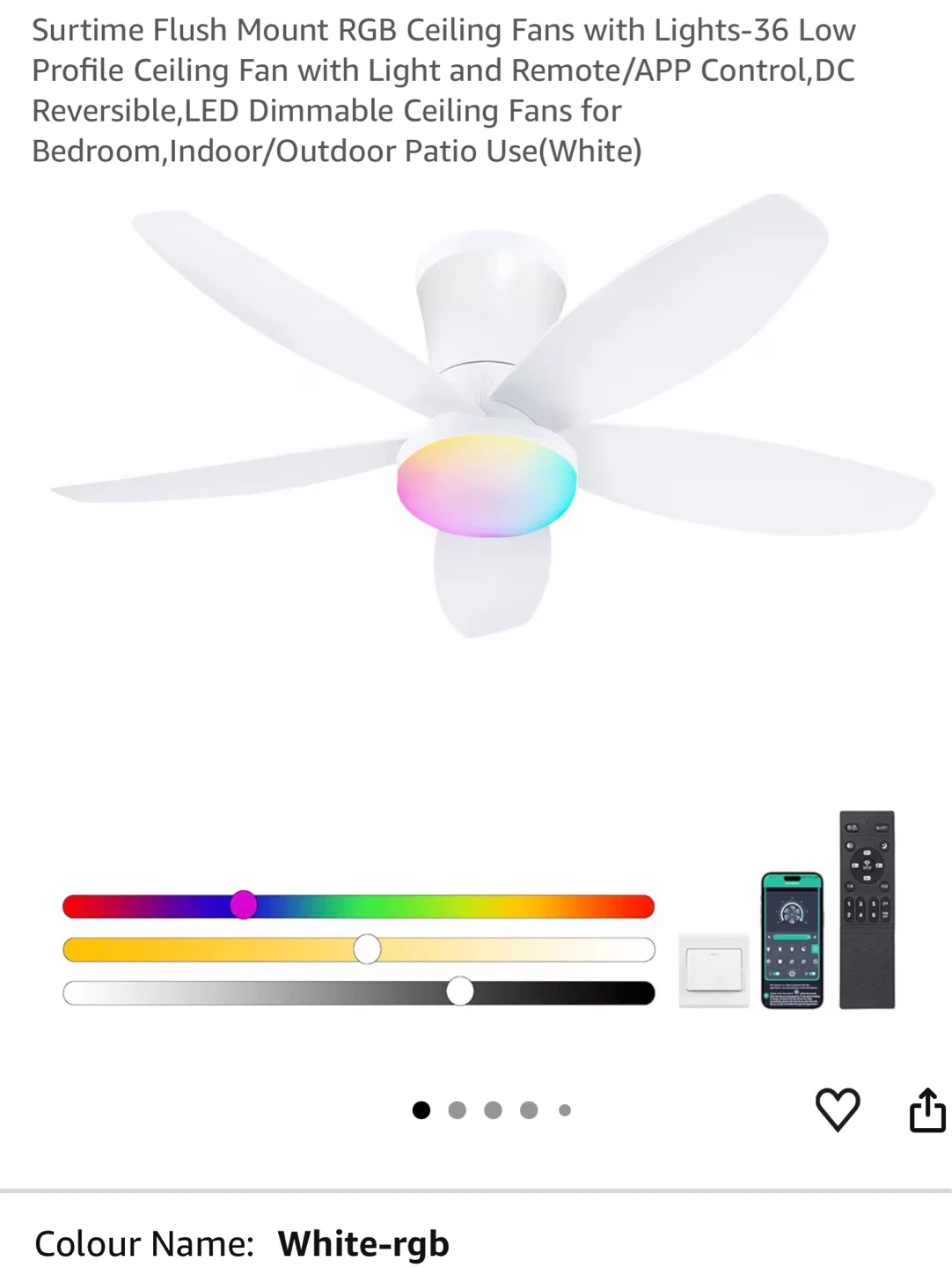 Flush Mount Ceiling Fan with RGB Light and Remote - White FR1