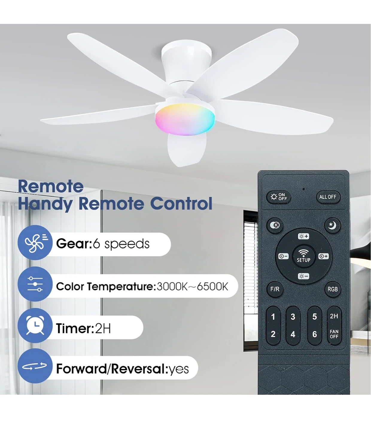 Flush Mount Ceiling Fan with RGB Light and Remote - White FR1 - photo 2