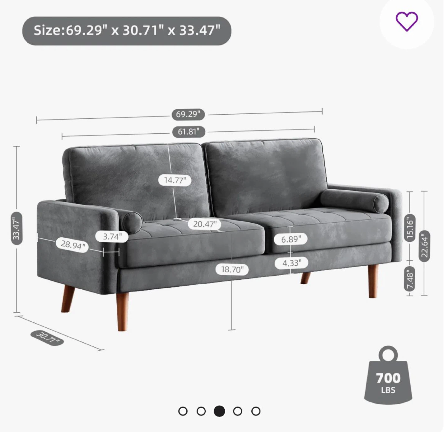 Grey Velvet Loveseat Sofa - photo 3