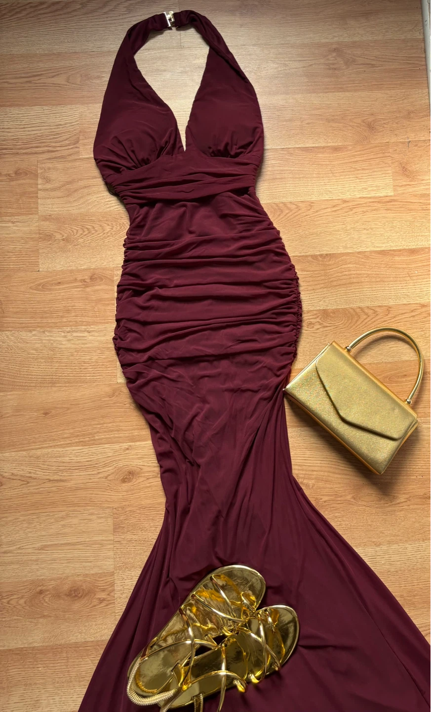 Burgundy Ruched Halter Mermaid Gown
