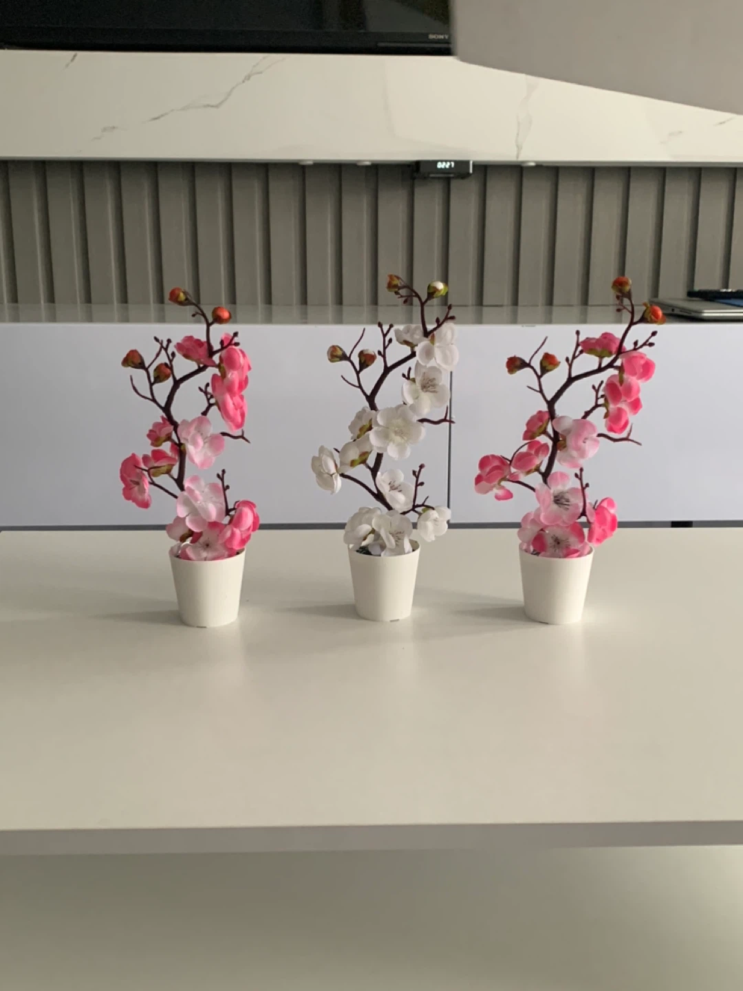 Artificial Cherry Blossom Plant in White Pot
