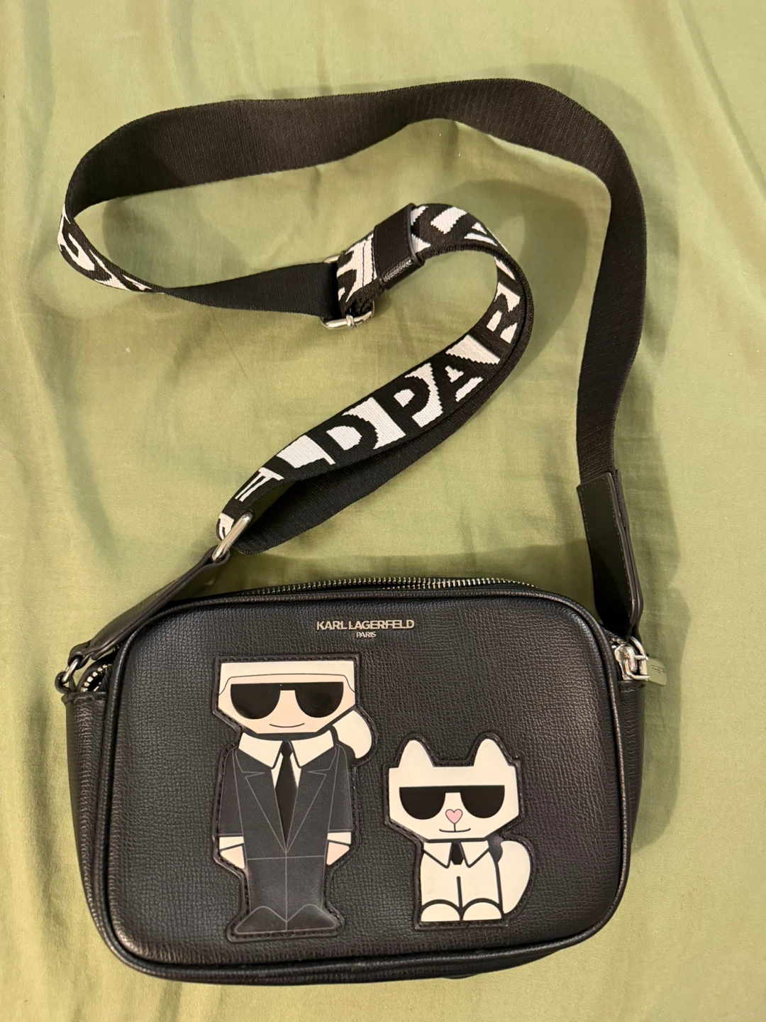 Karl Lagerfeld Black Leather Crossbody Bag with Karl & Choupette