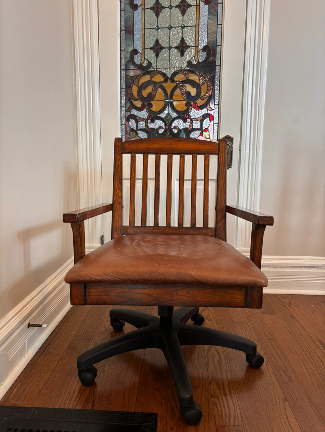Wooden Office Chair with Brown Leather Seat