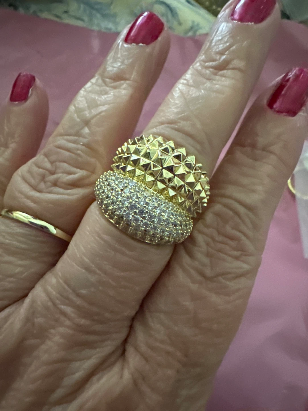 18k Gold laminated Statement Ring with Pave Crystals