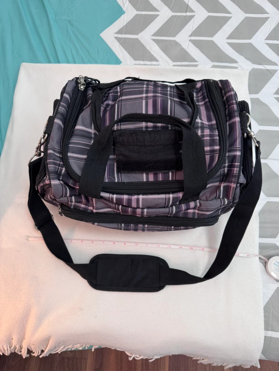Purple Plaid Duffle Bag with Adjustable Strap - photo 3