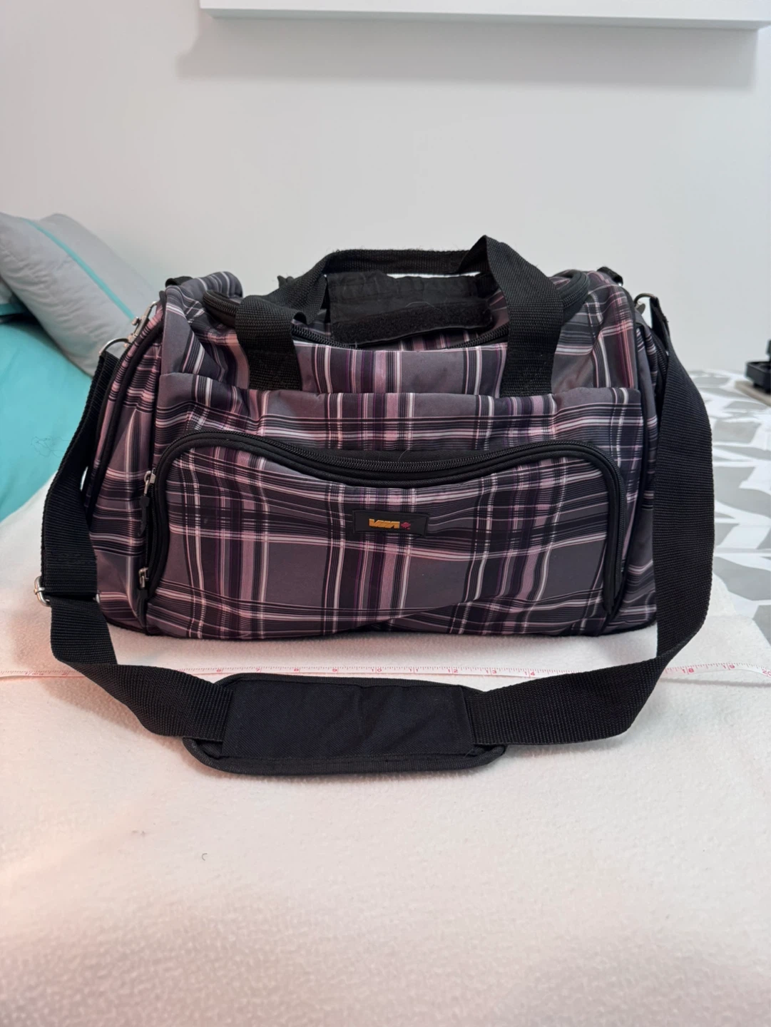 Purple Plaid Duffle Bag with Adjustable Strap - photo 2