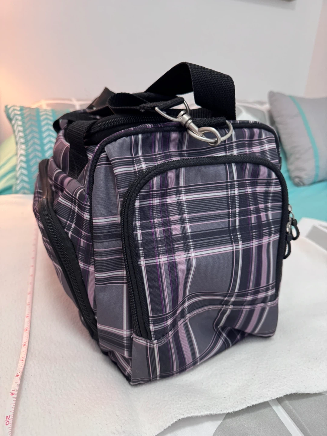 Purple Plaid Duffle Bag with Adjustable Strap