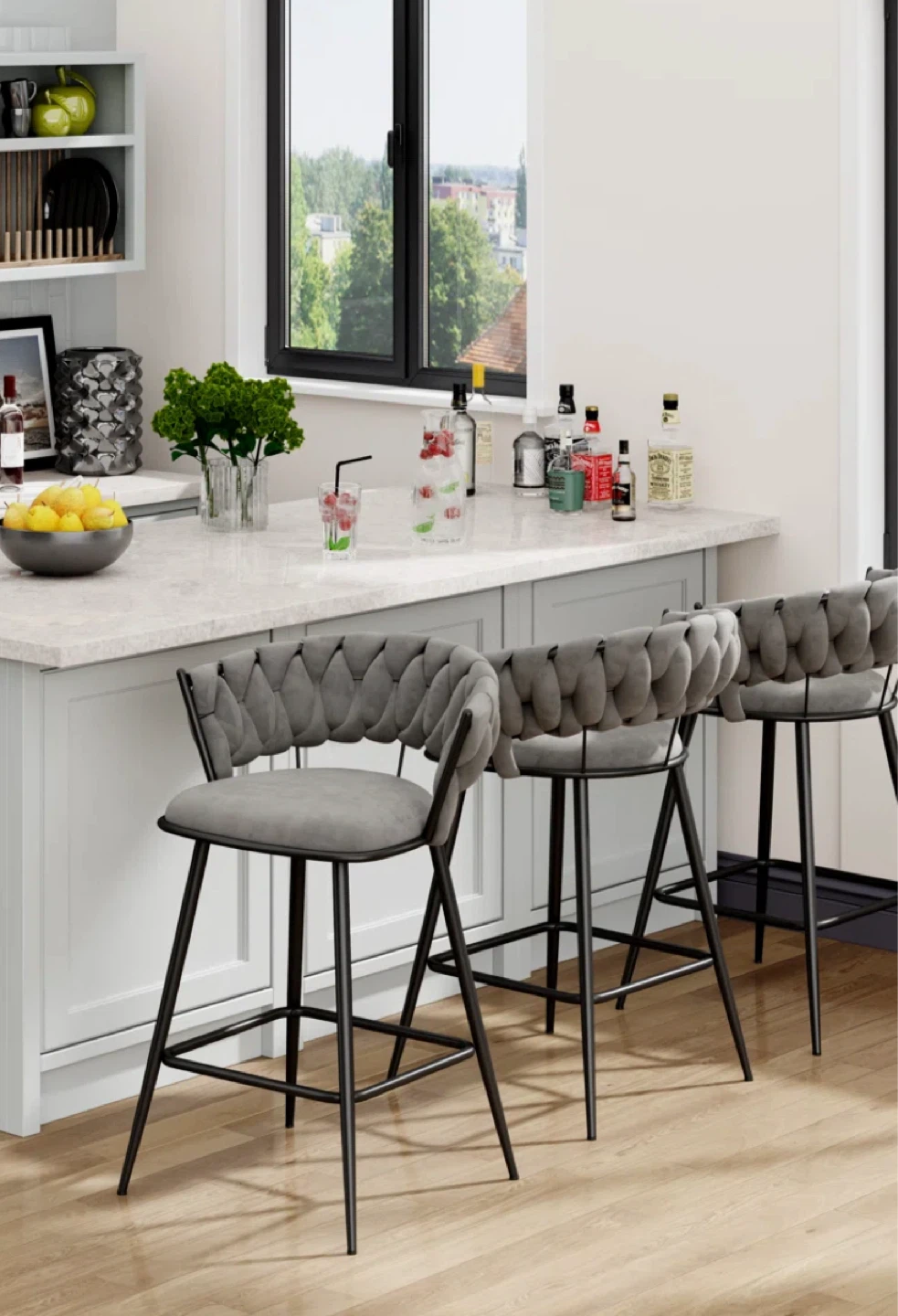 Set of 3 Grey Velvet Bar Stools with Tufted Back