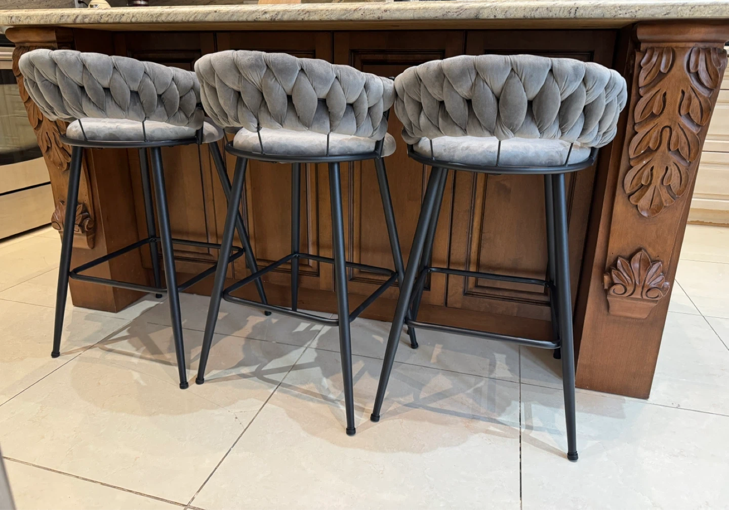 Set of 3 Grey Velvet Bar Stools with Tufted Back - photo 3