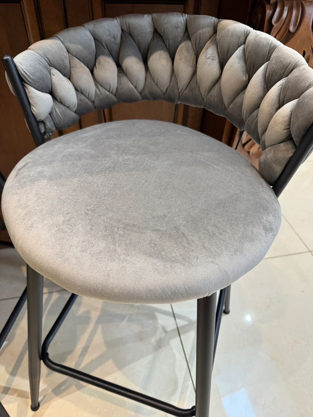 Set of 3 Grey Velvet Bar Stools with Tufted Back - photo 4
