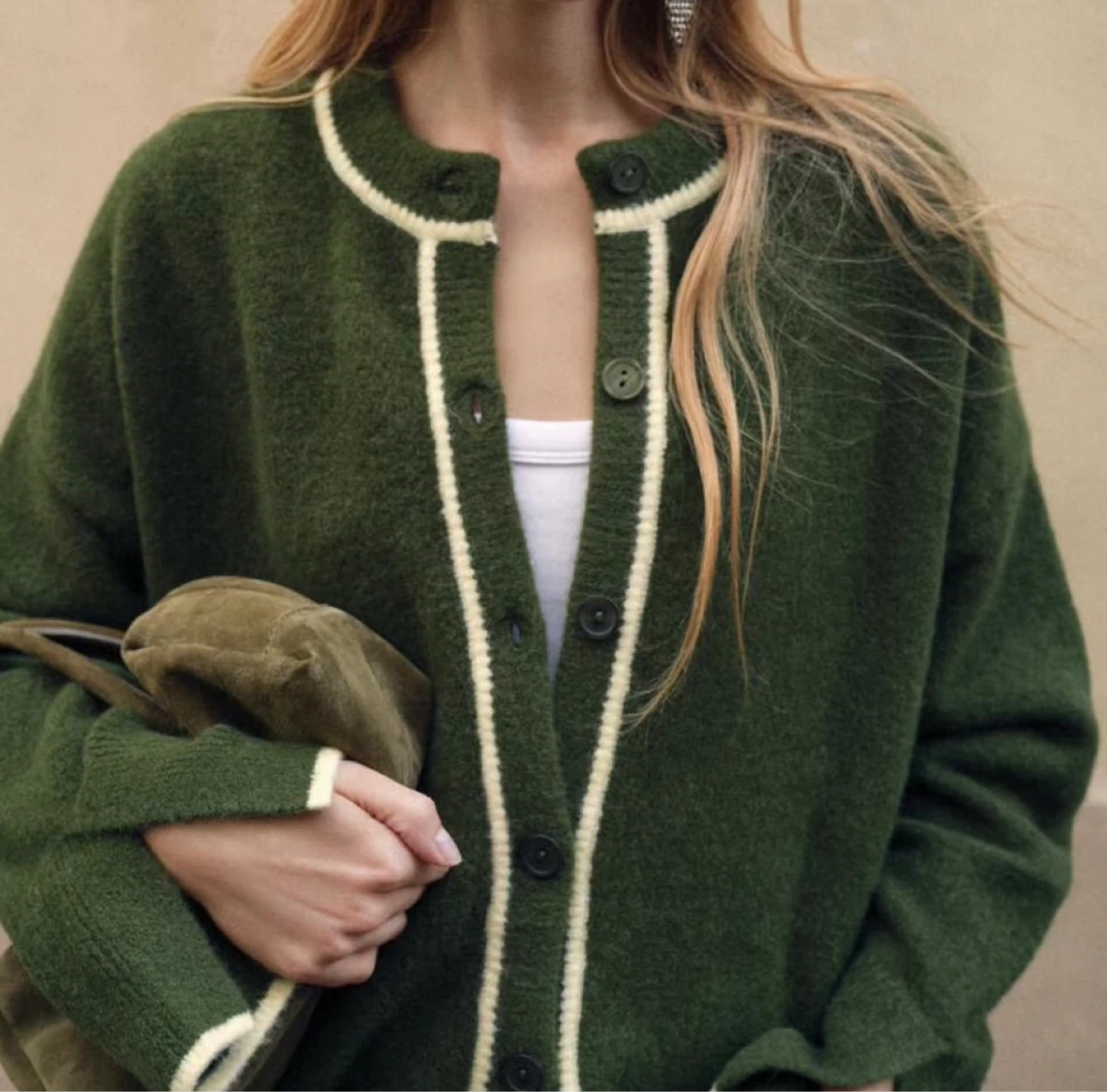 Green Cardigan with Cream Trim - photo 2