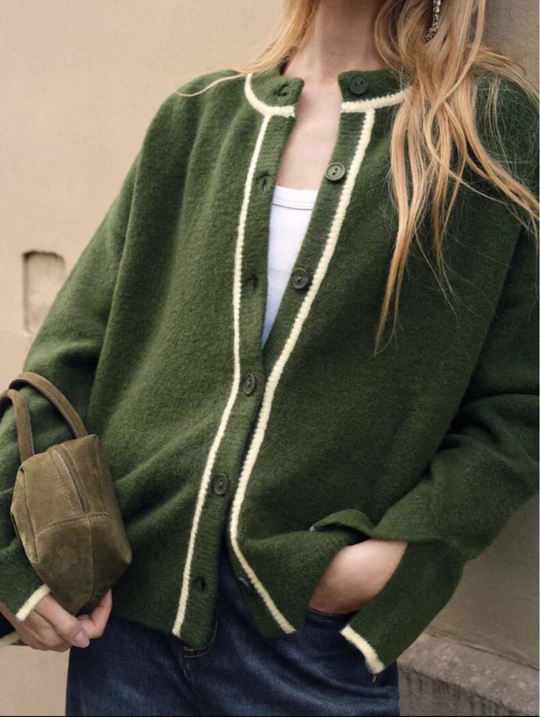 Green Cardigan with Cream Trim