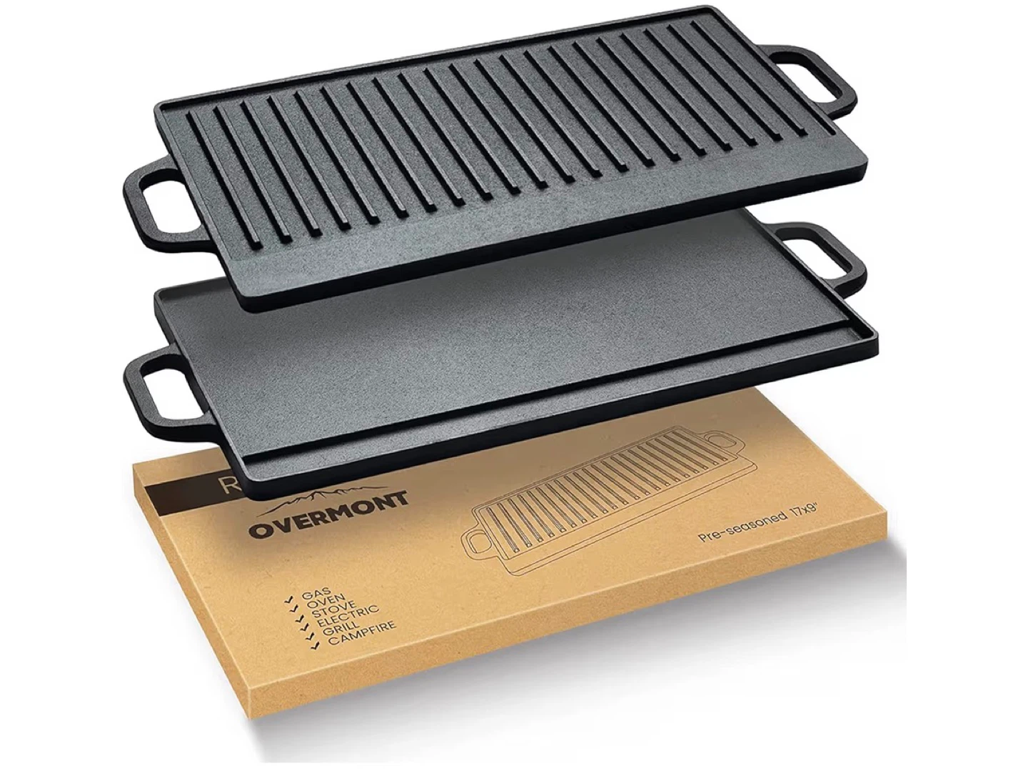 OVERMONT Two-way Cast Iron Griddle & Grill Pan 17"x9" - photo 3