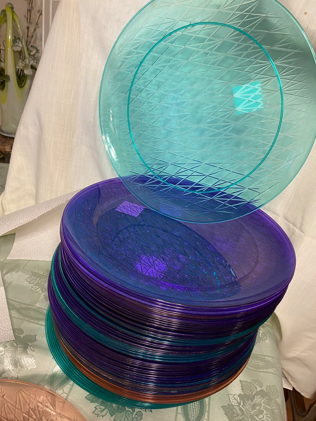 Set of 3 Round Plastic Platters - Orange, Purple, Teal - photo 2