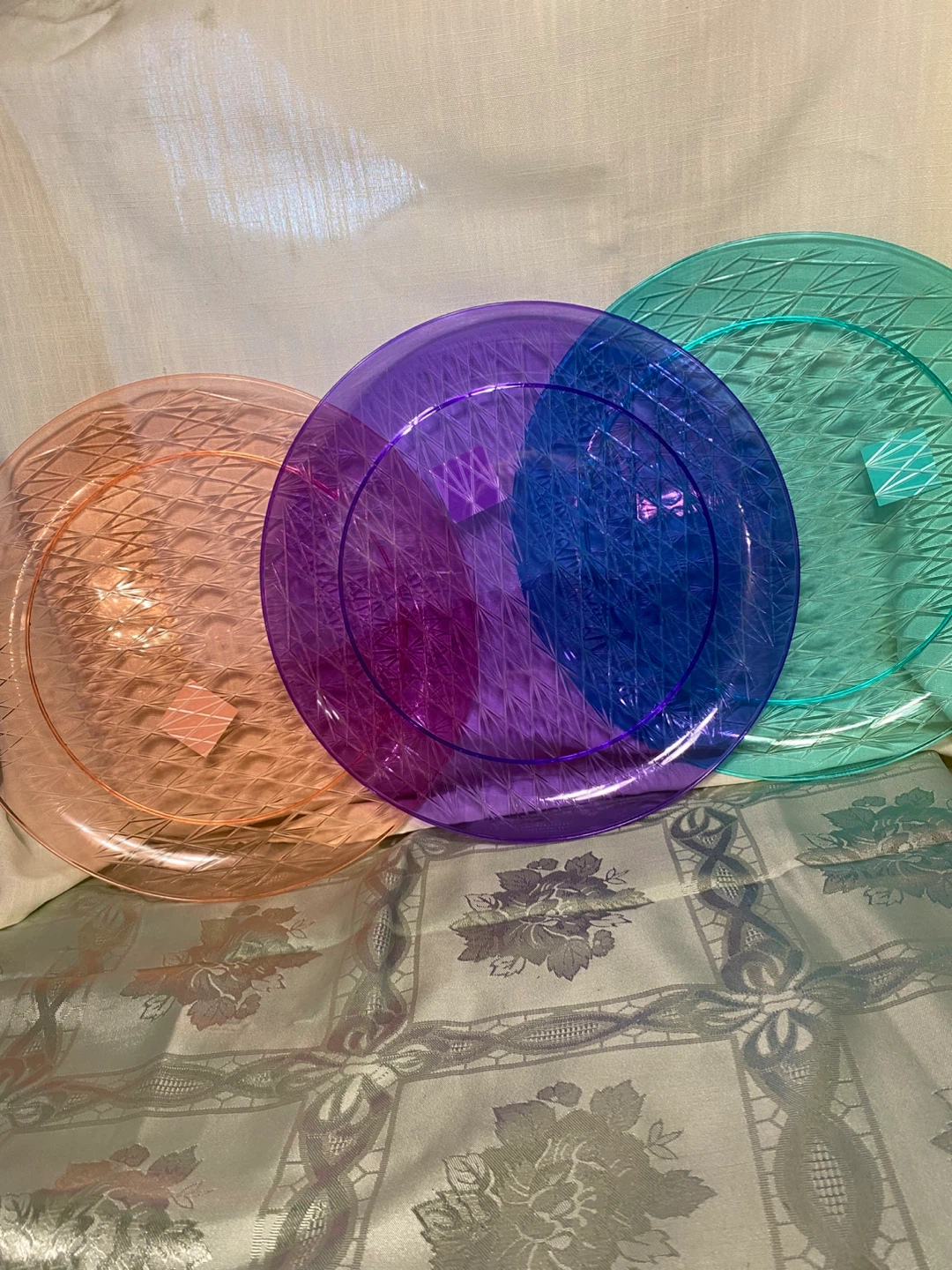 Set of 3 Round Plastic Platters - Orange, Purple, Teal