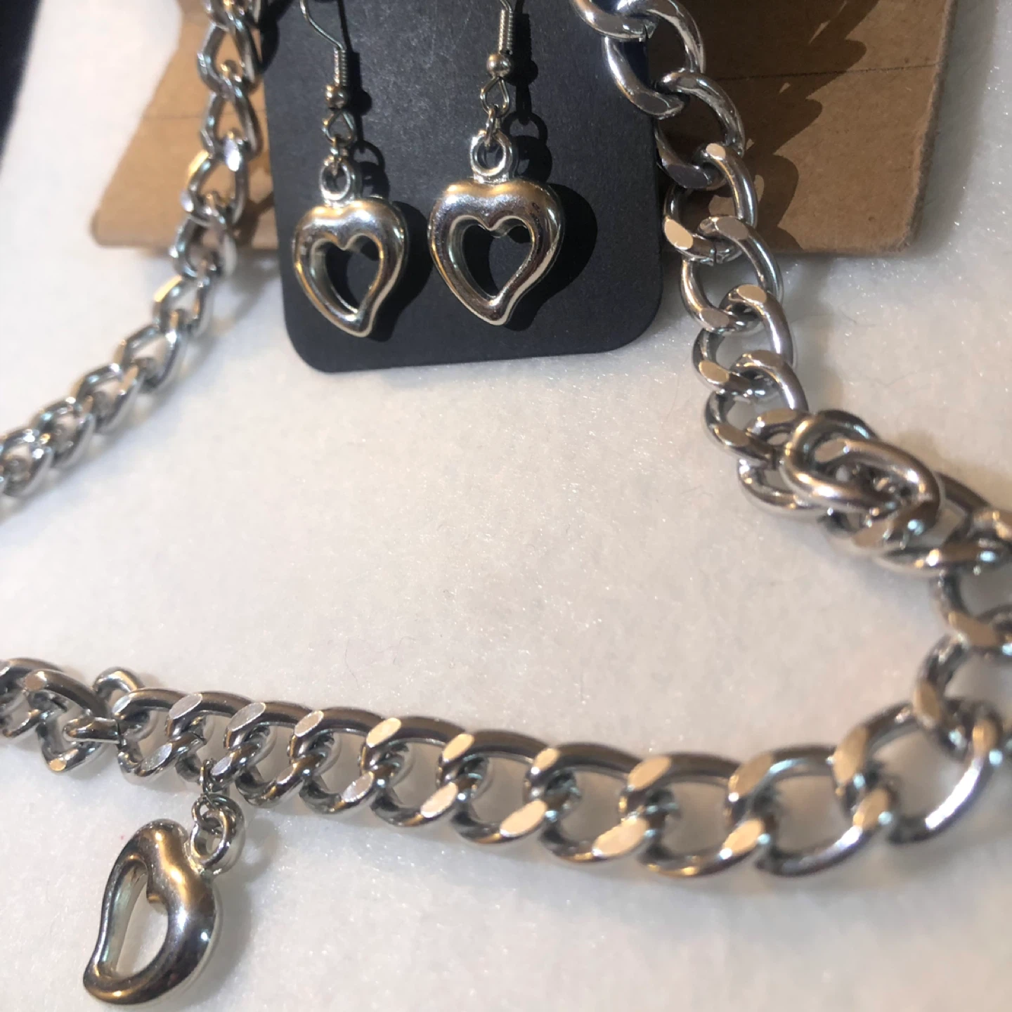 Silver Tone Heart Charm Necklace and Earring Set - photo 3