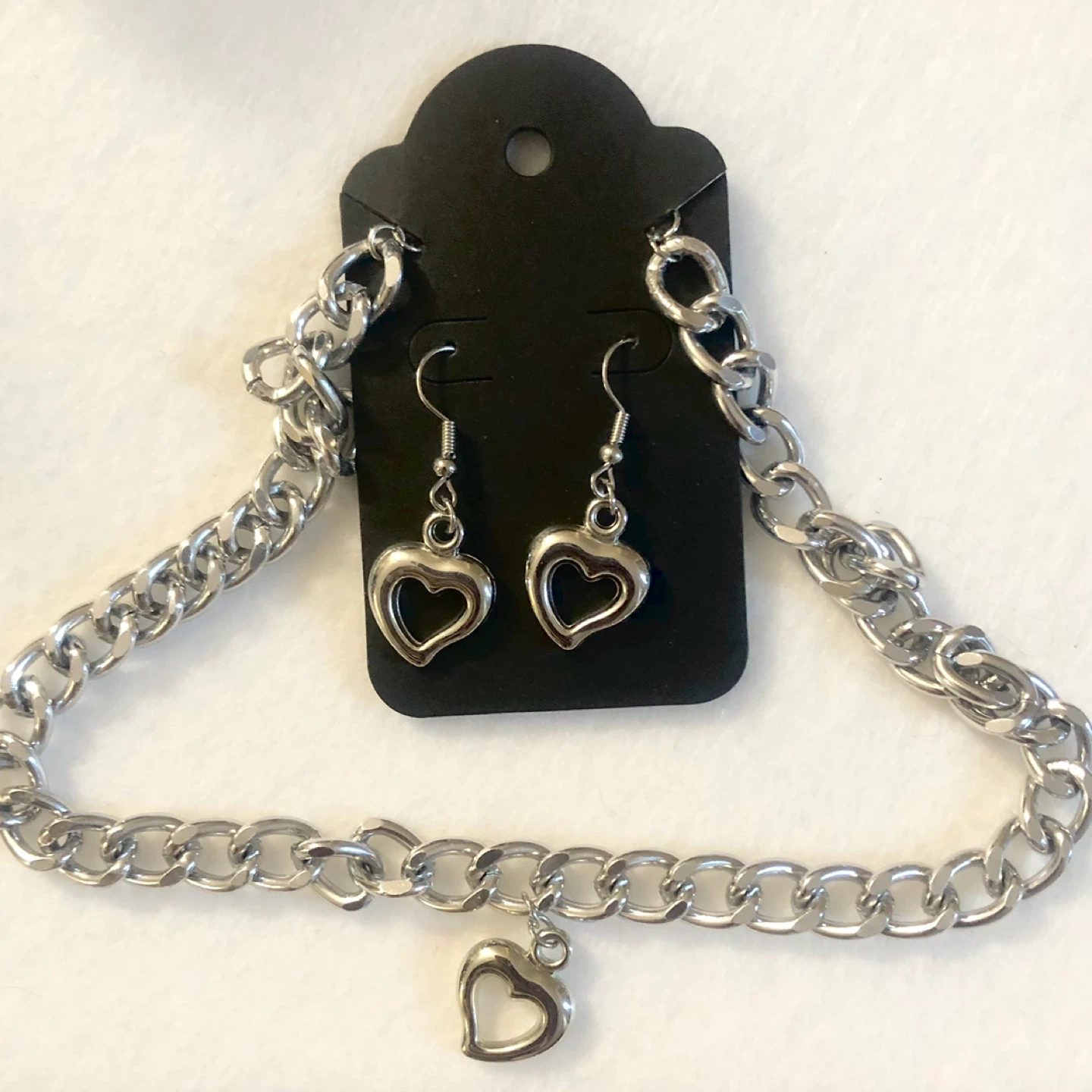 Silver Tone Heart Charm Necklace and Earring Set