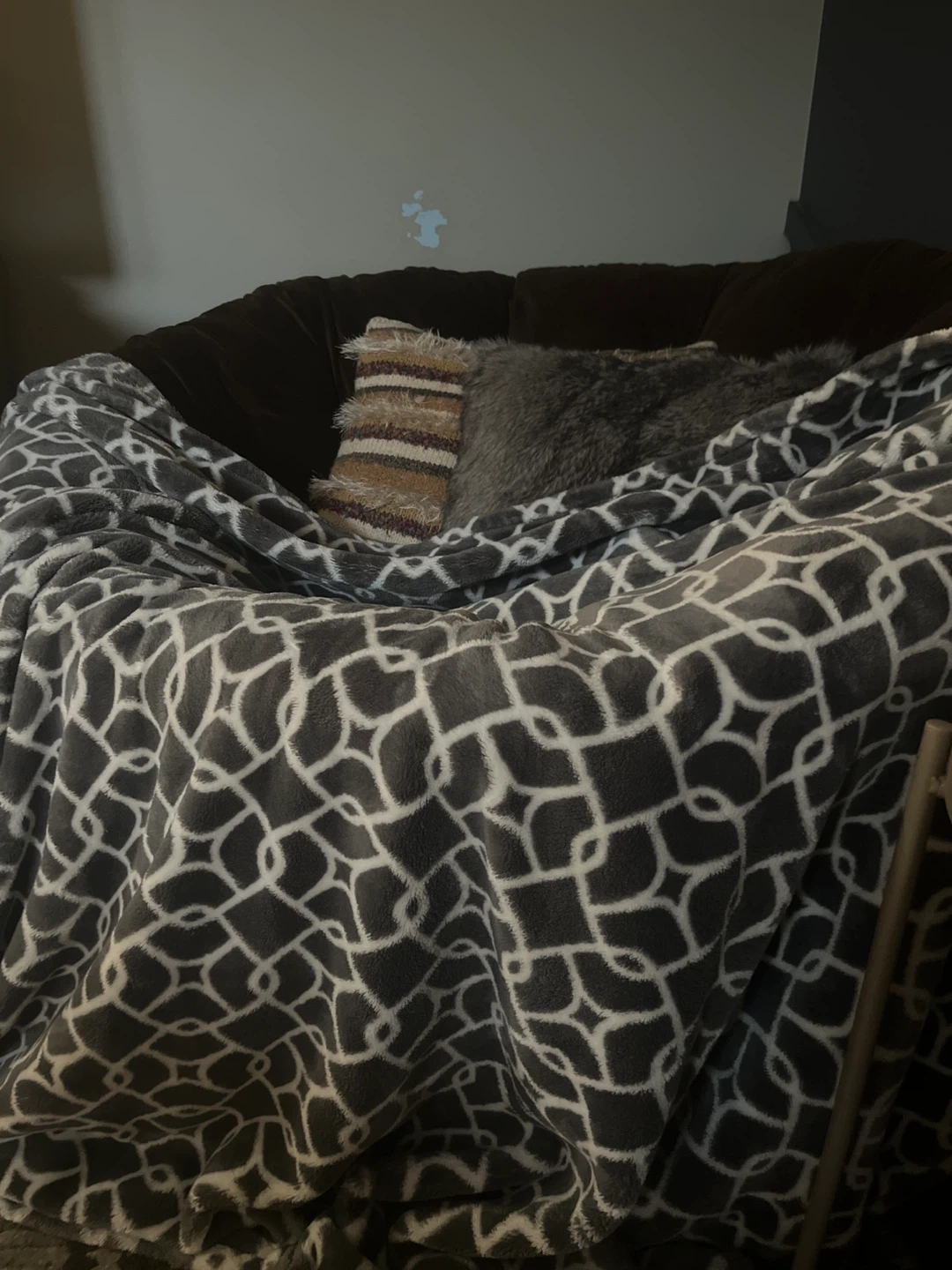 Brown Papasan Chair with Grey Patterned Throw Blanket