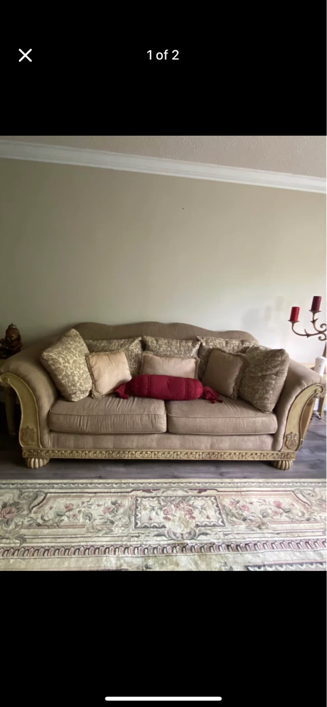 Taupe Sofa and Loveseat with Decorative Pillows