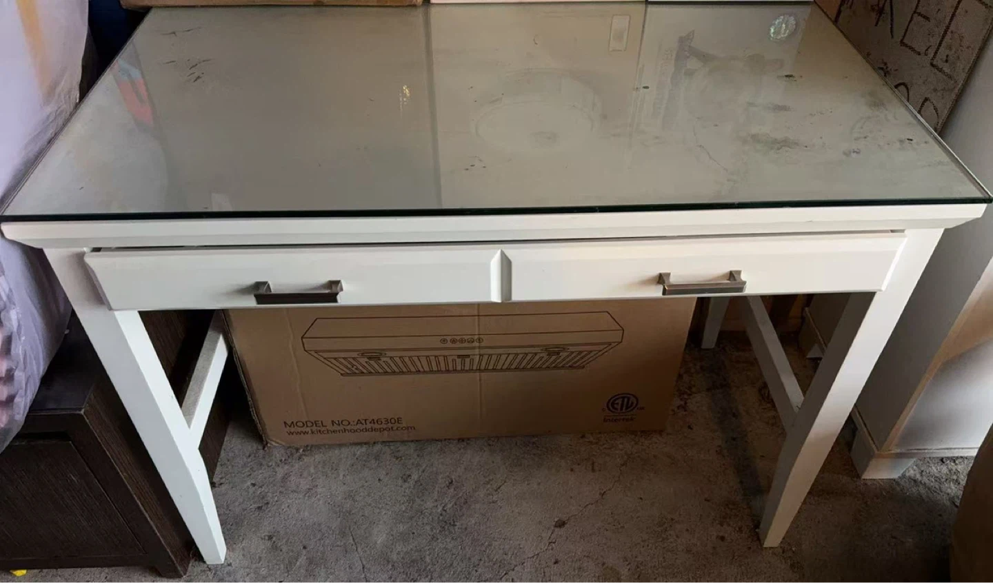 White Desk with Glass Top and Two Drawers