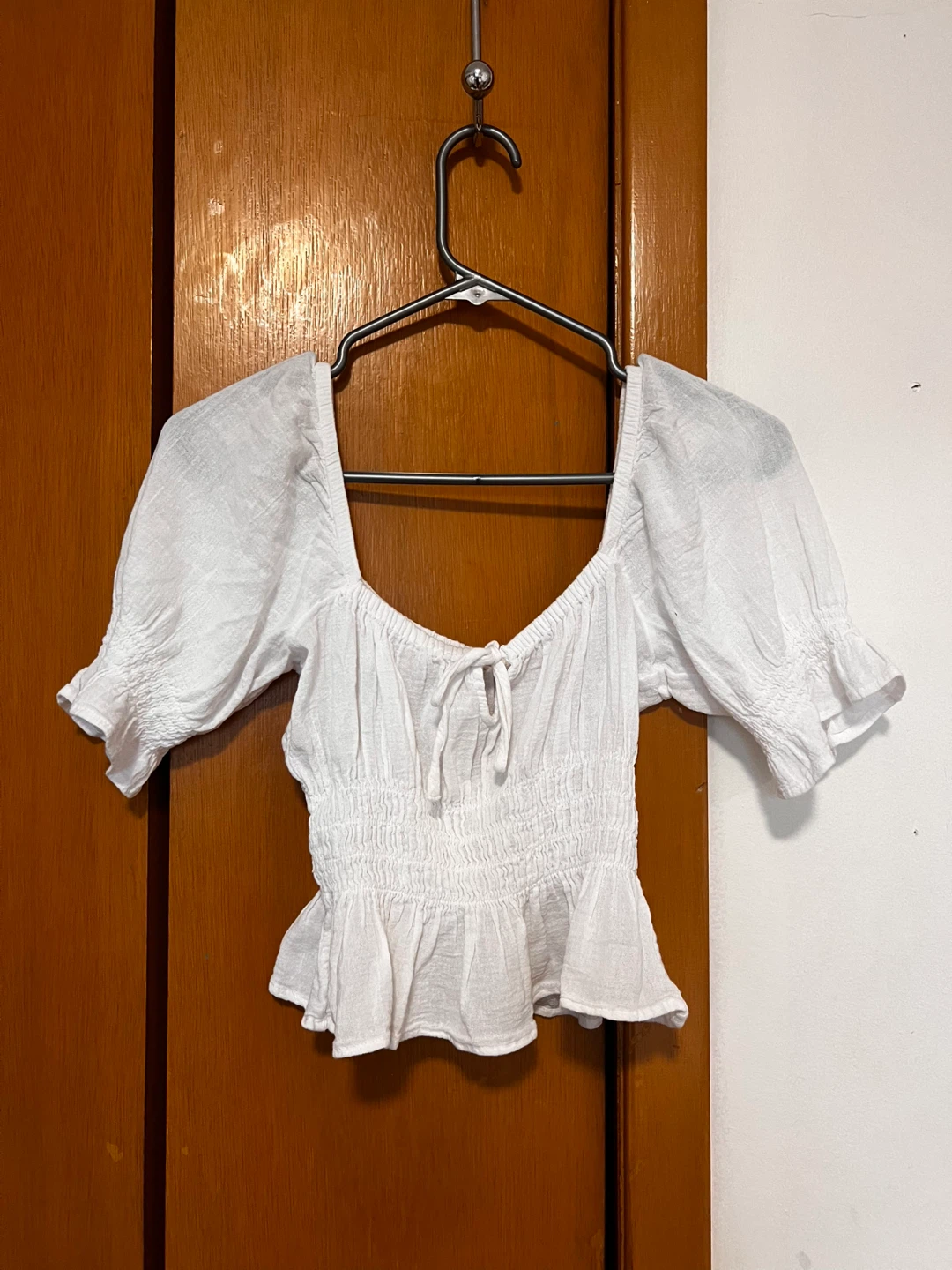 White Puff Sleeve Smocked Peplum Top