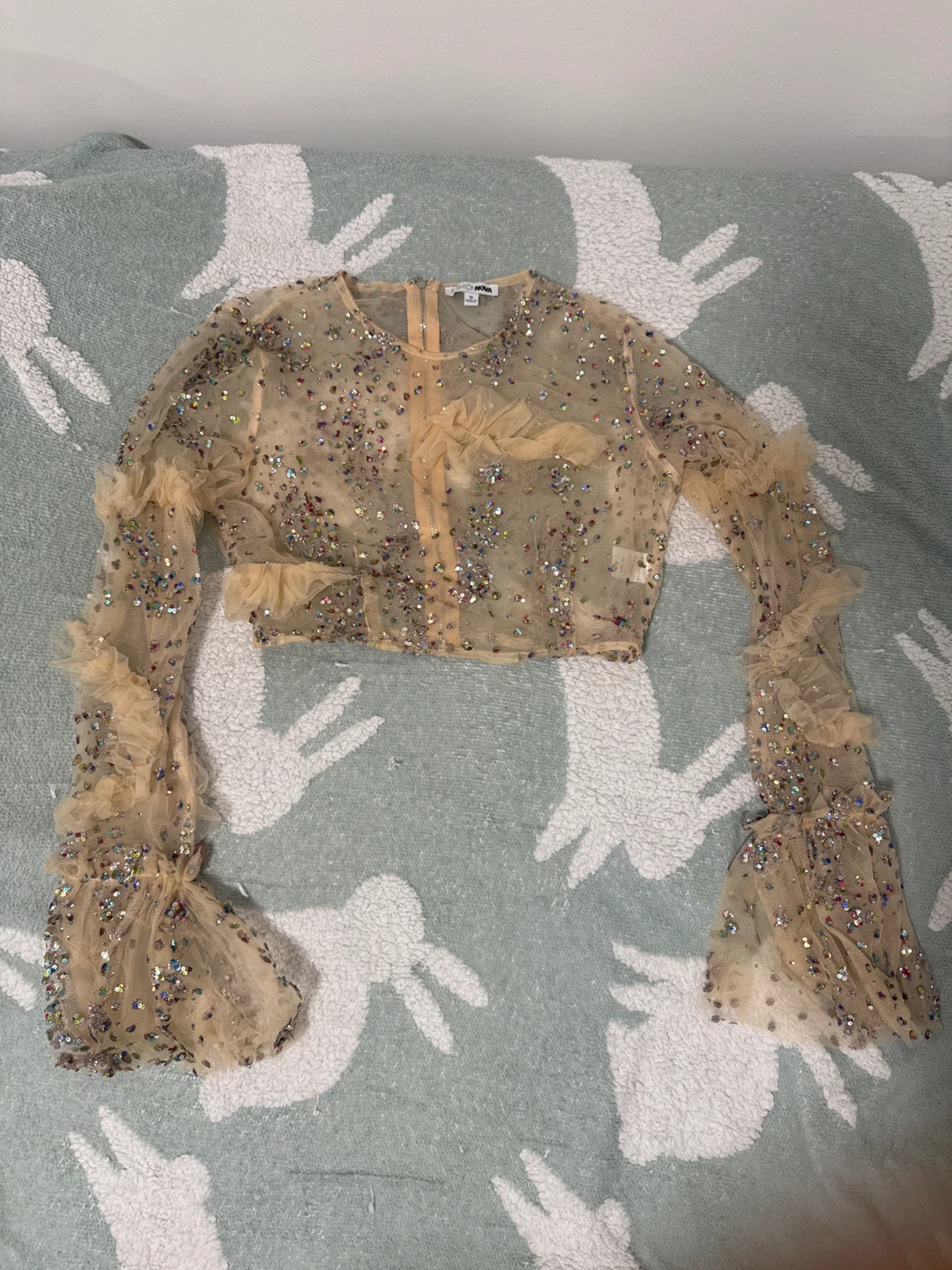 Fashion Nova Sheer Sequin Bell Sleeve Crop Top