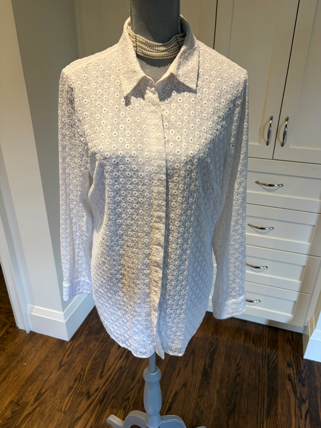 White Eyelet Long Sleeve Button-Up Shirt