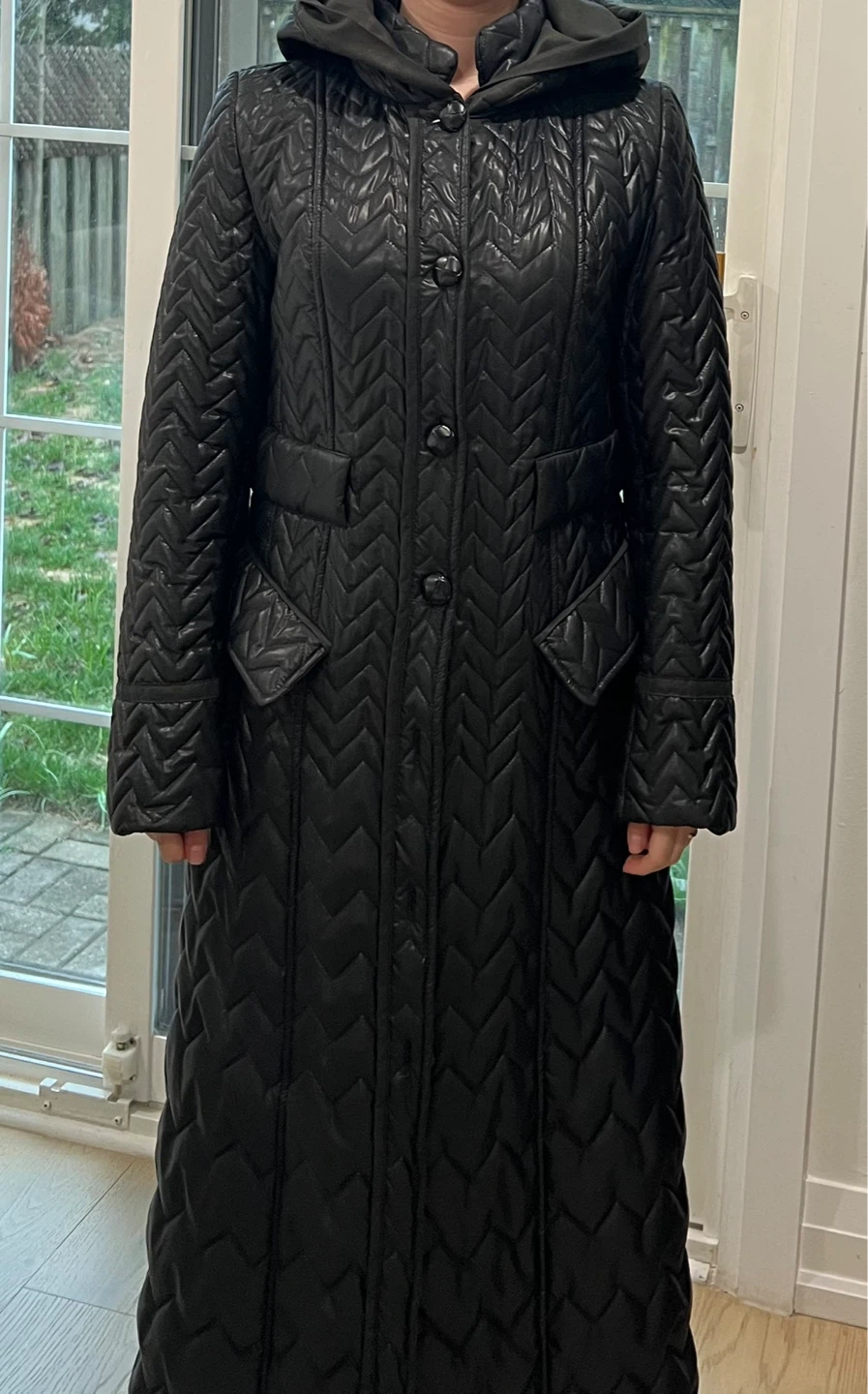 Black Quilted Hooded Long Coat