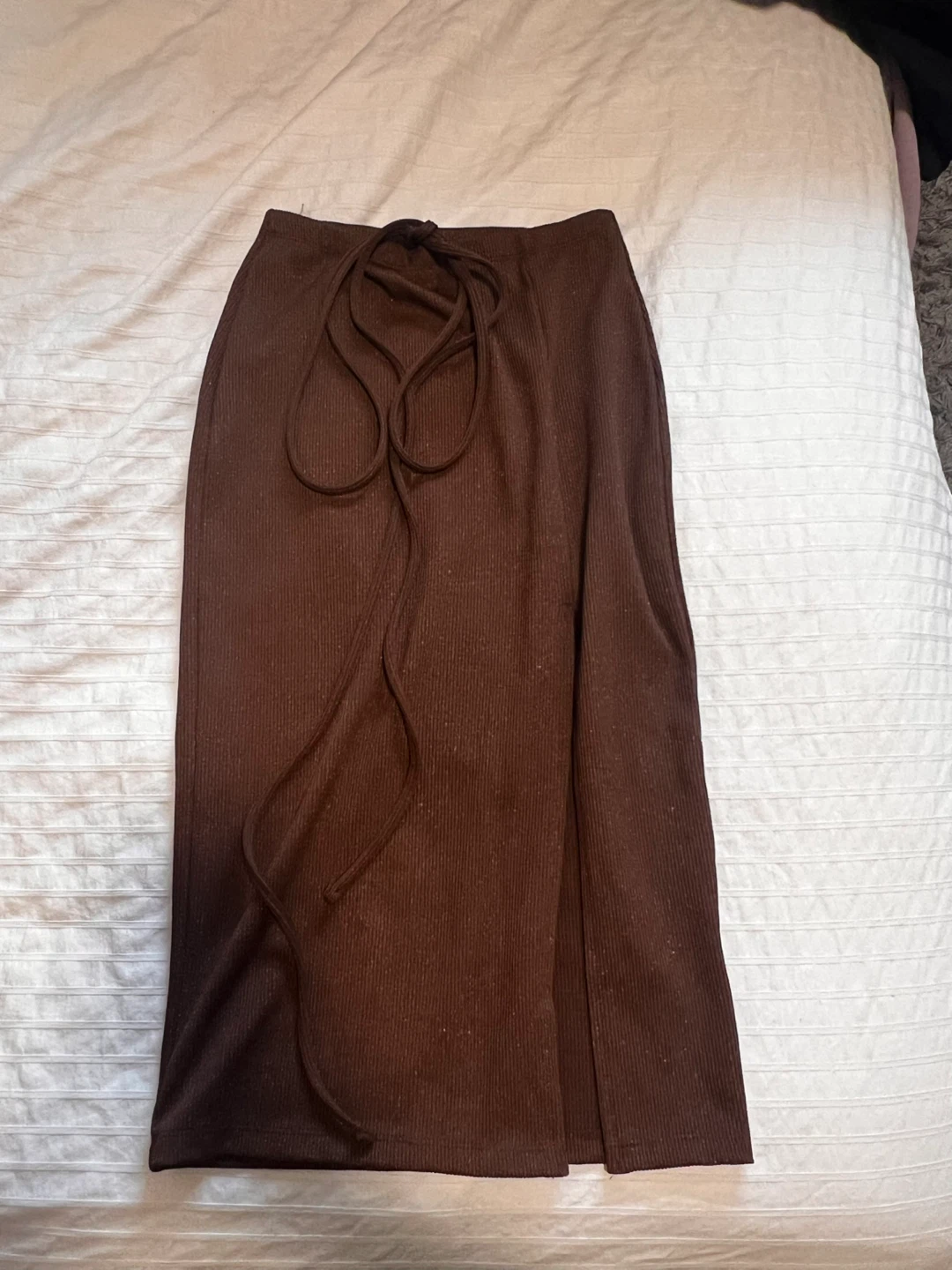 Brown Ribbed Maxi Skirt with Tie Front