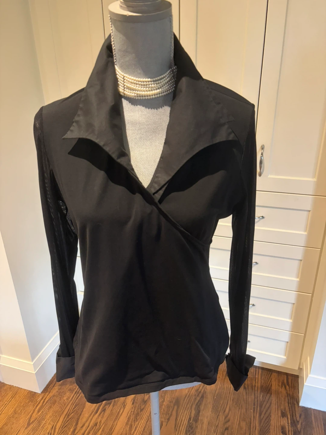 Black Faux Wrap Long Sleeve Shirt with Mesh Sleeves
