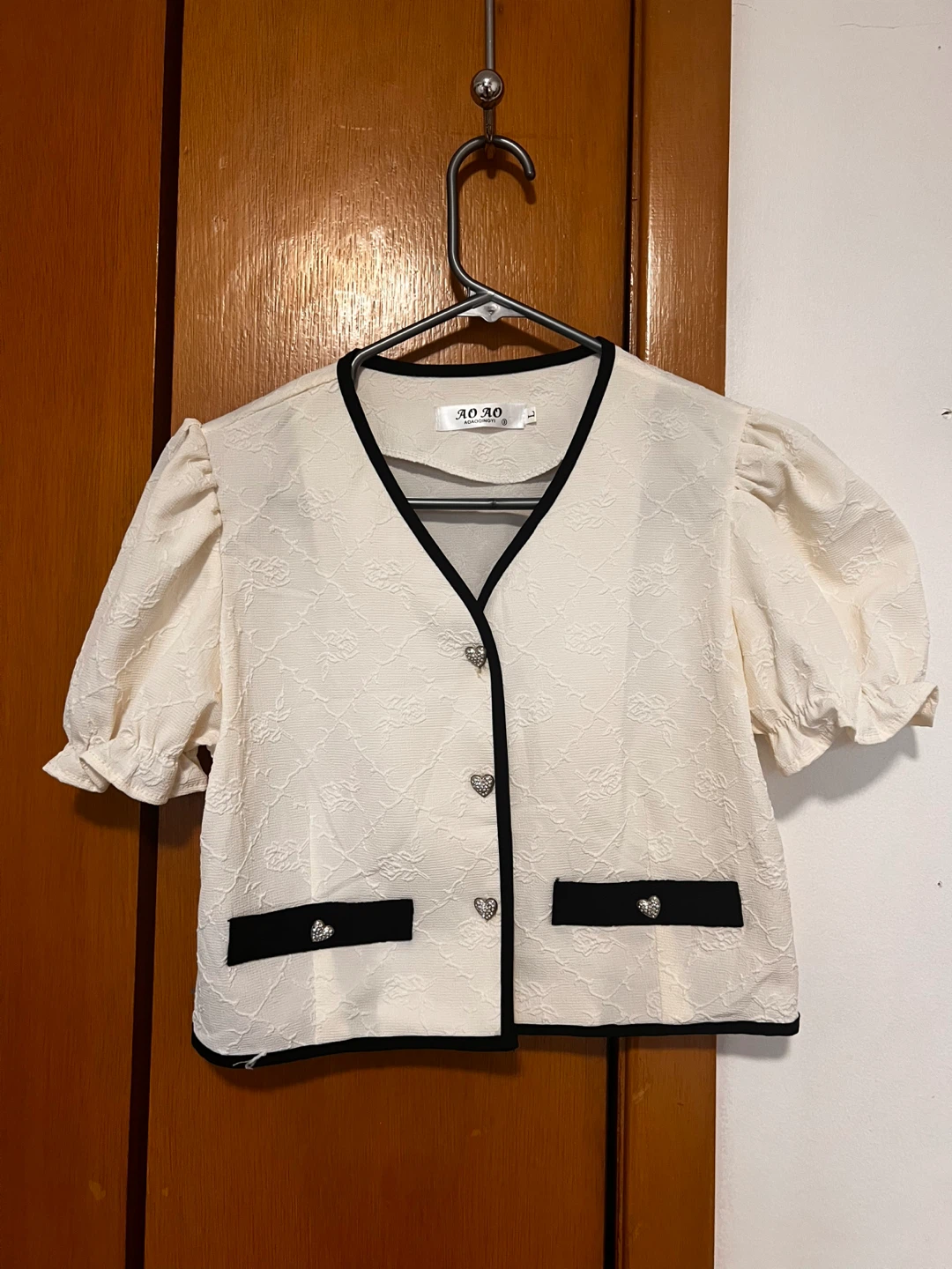 White Puff Sleeve Top with Black Trim