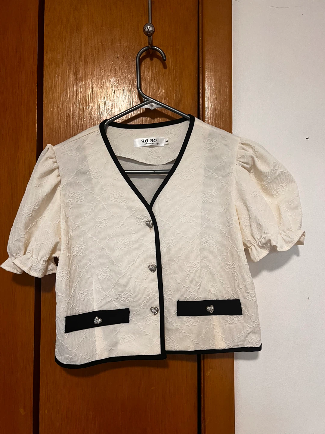 White Puff Sleeve Top with Black Trim - photo 2