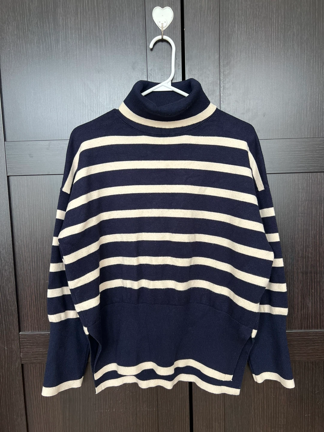 Navy and Cream Striped Turtleneck Sweater - Size M
