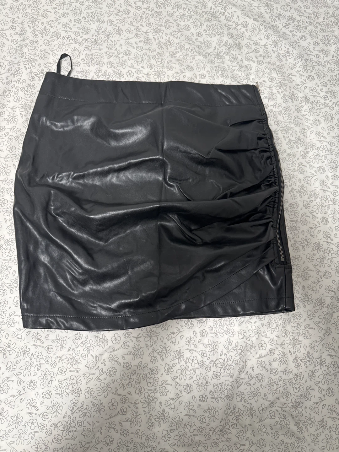 Black Faux Leather Ruched Mini Skirt