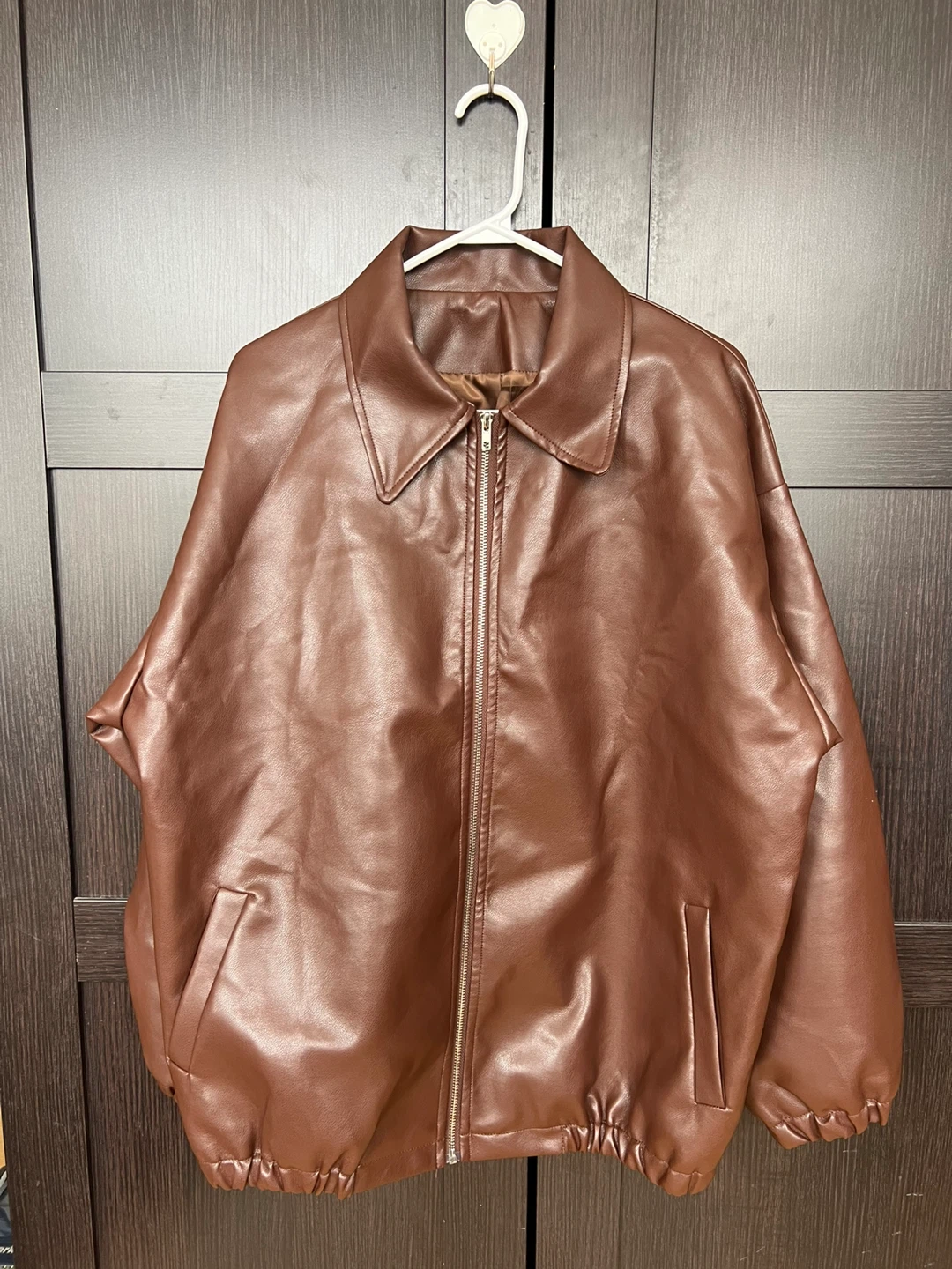 Brown Faux Leather Bomber Jacket