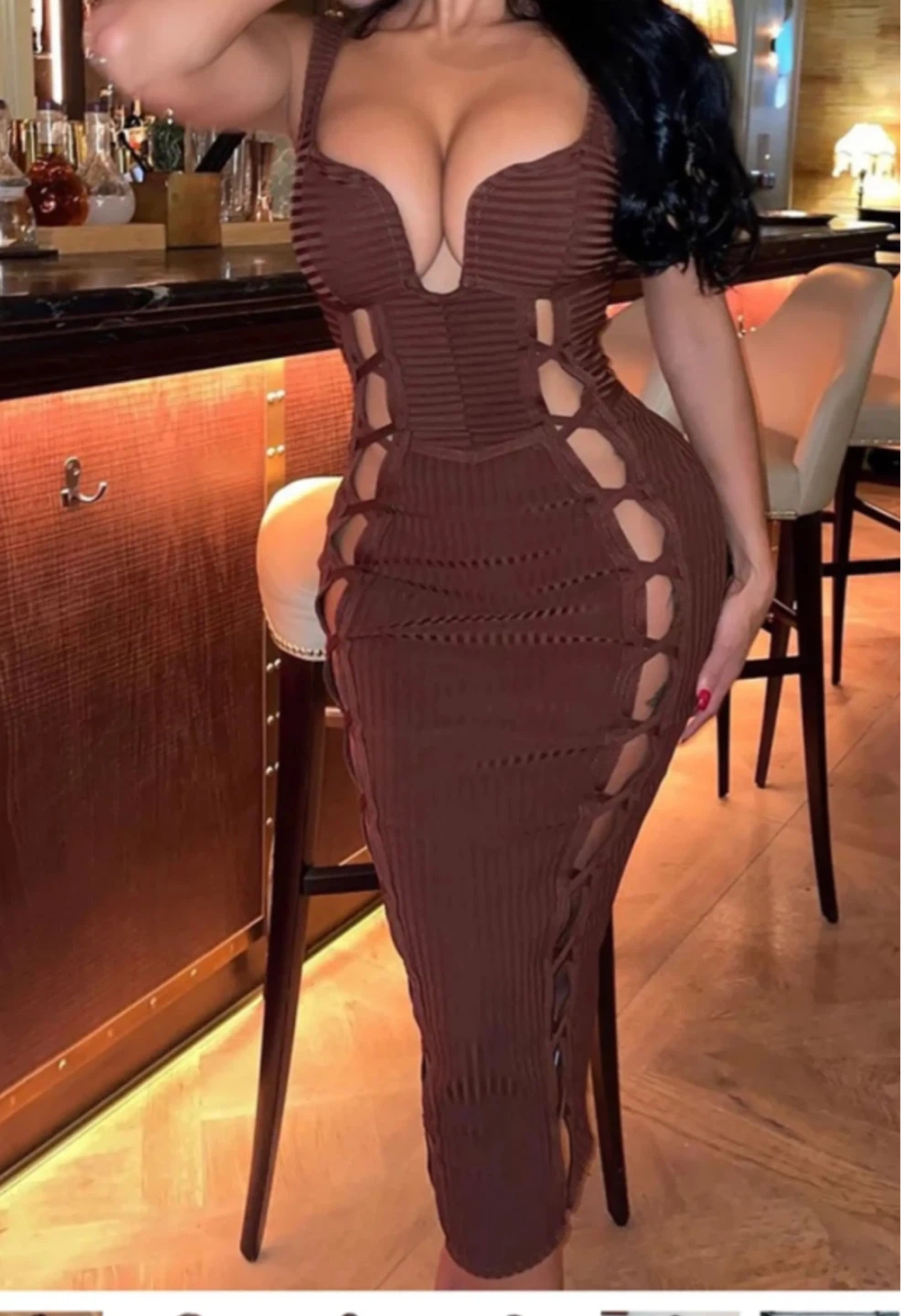 Brown Ribbed Lace-Up Cutout Midi Dress