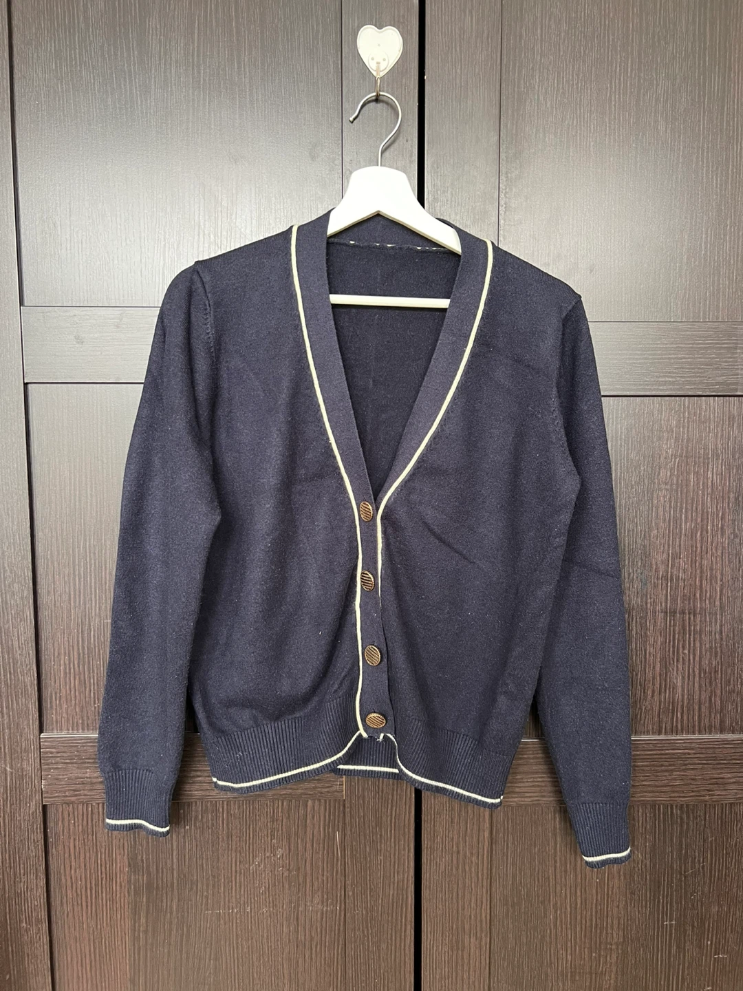 Navy Blue Cardigan with Cream Trim