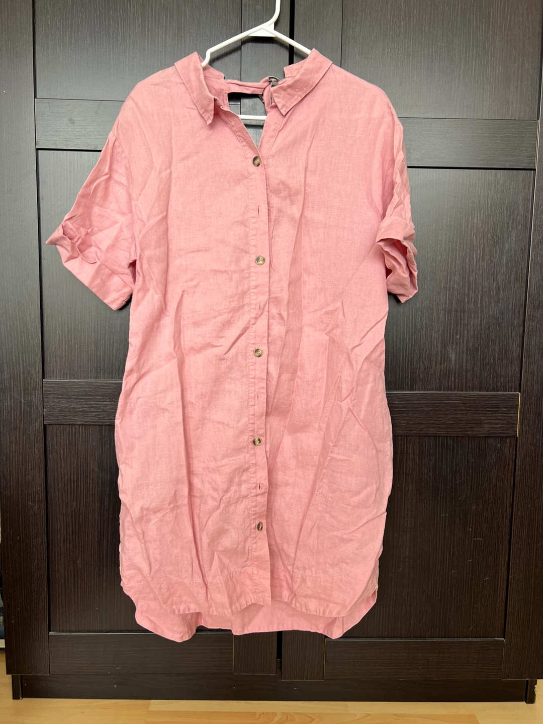 Pink Linen Blend Button-Up Shirt Dress