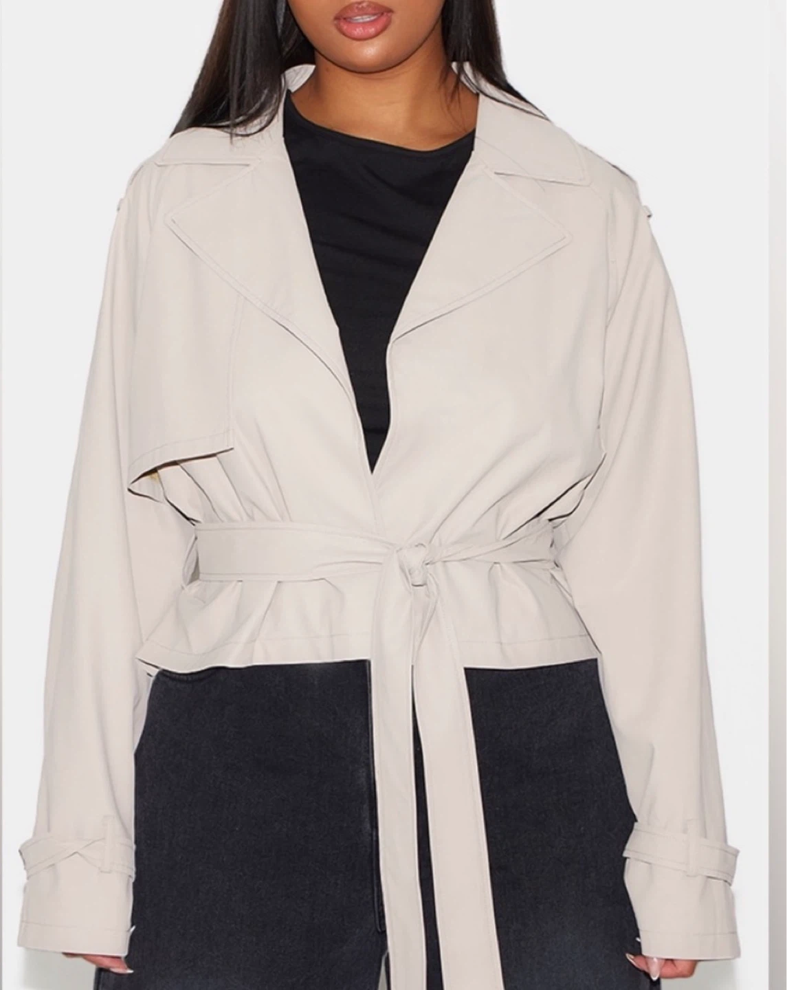 PLT Plus Beige Rubberized Loose Fit Cropped Trench Coat