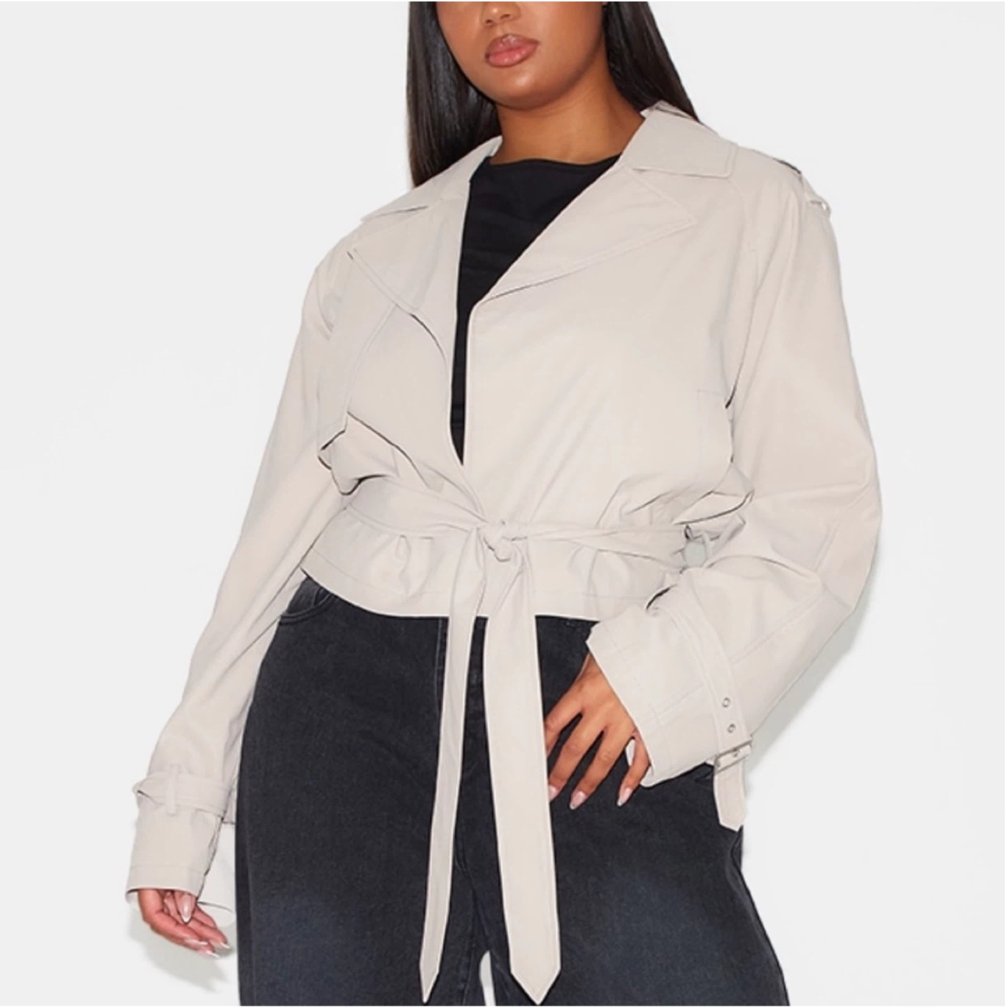PLT Plus Beige Rubberized Loose Fit Cropped Trench Coat - photo 2