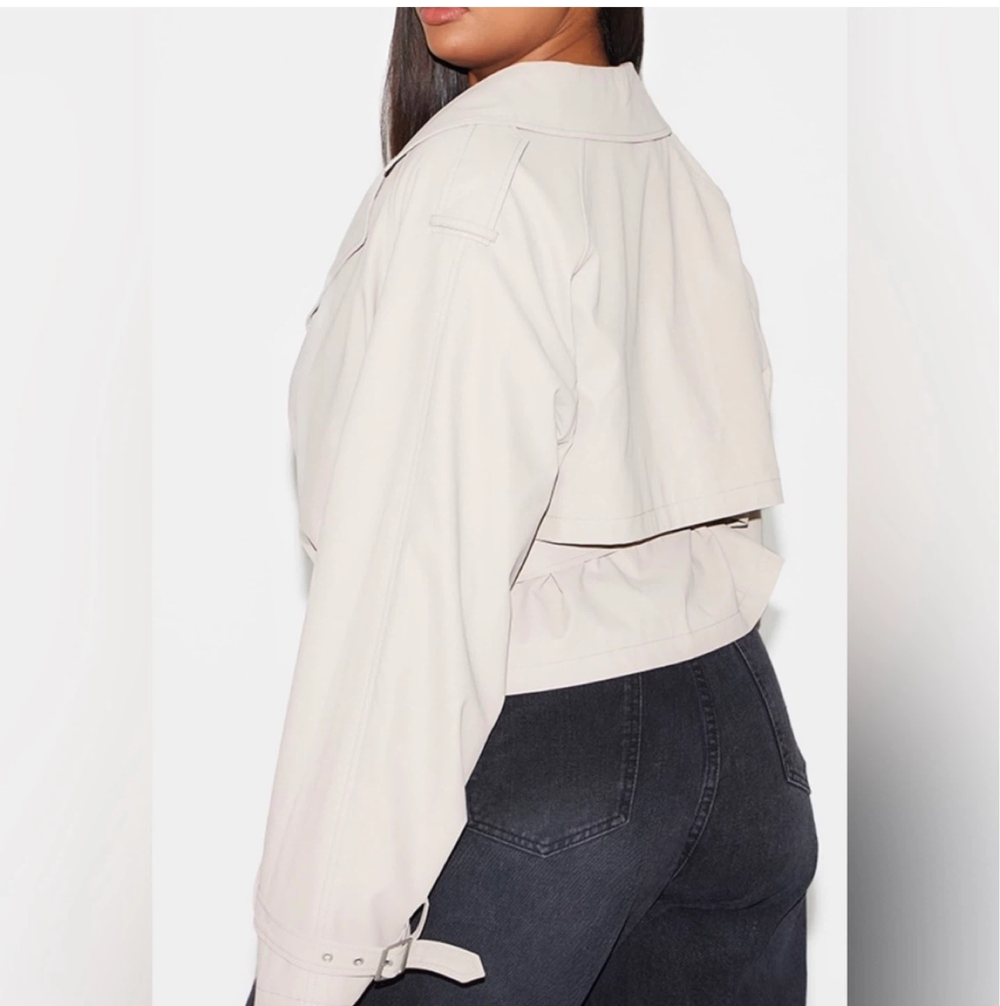PLT Plus Beige Rubberized Loose Fit Cropped Trench Coat - photo 4