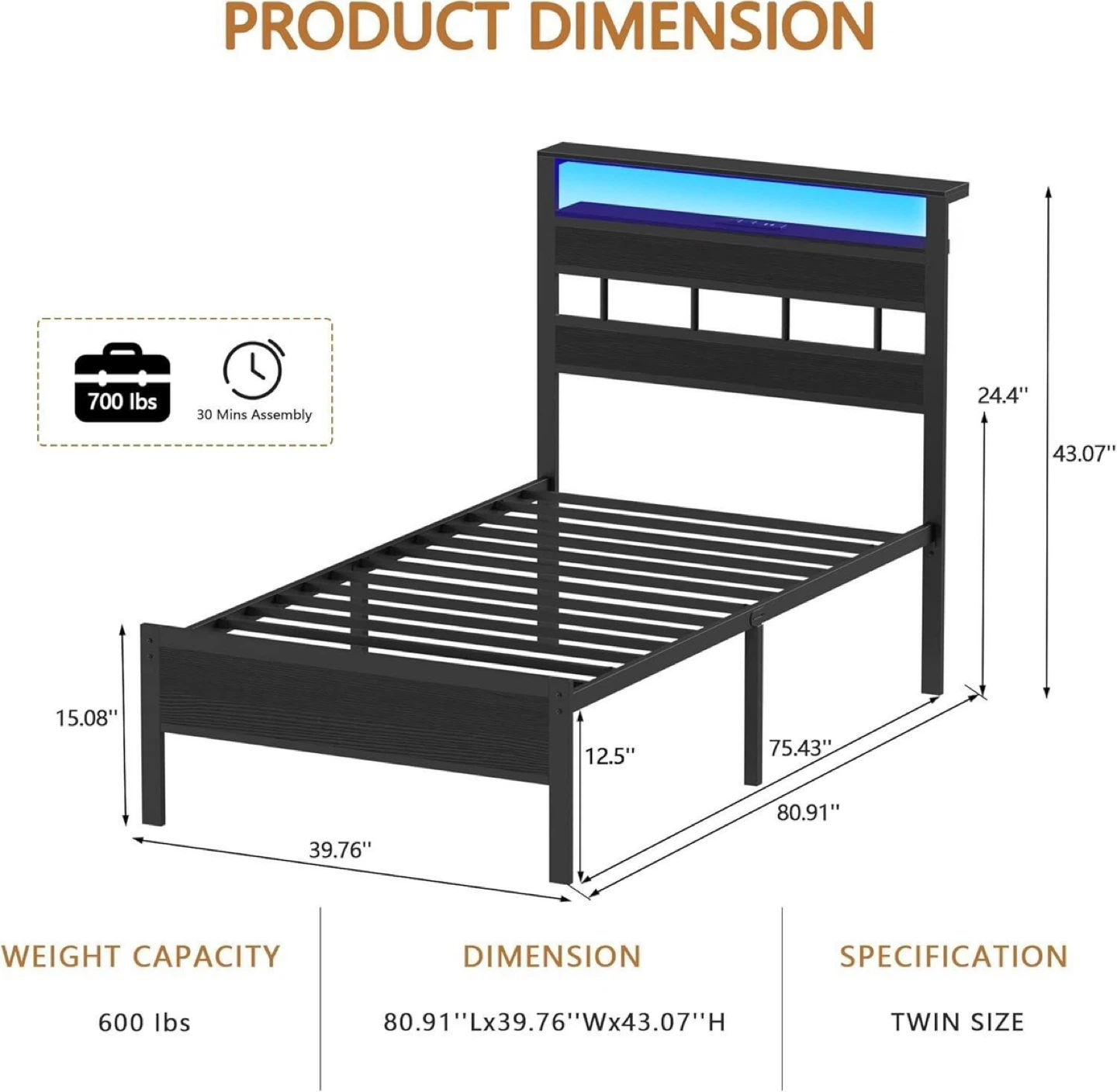Twin Size Bed Frame with RGB LED Lights - photo 2