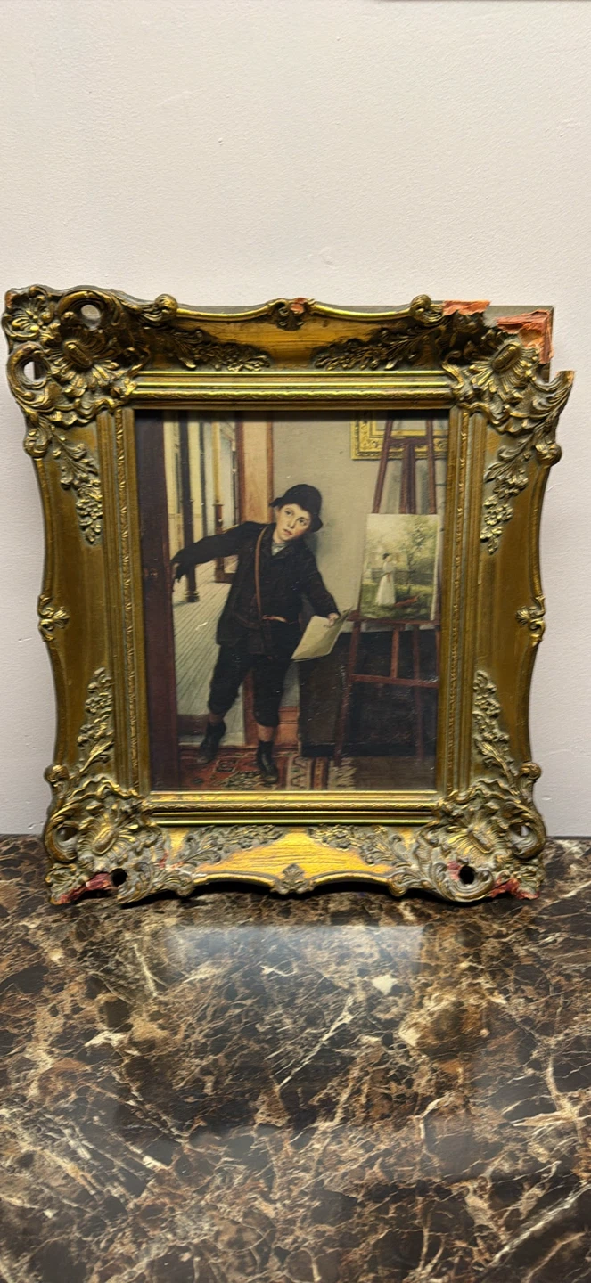 Vintage Framed Painting of a Boy with Sketch - photo 2