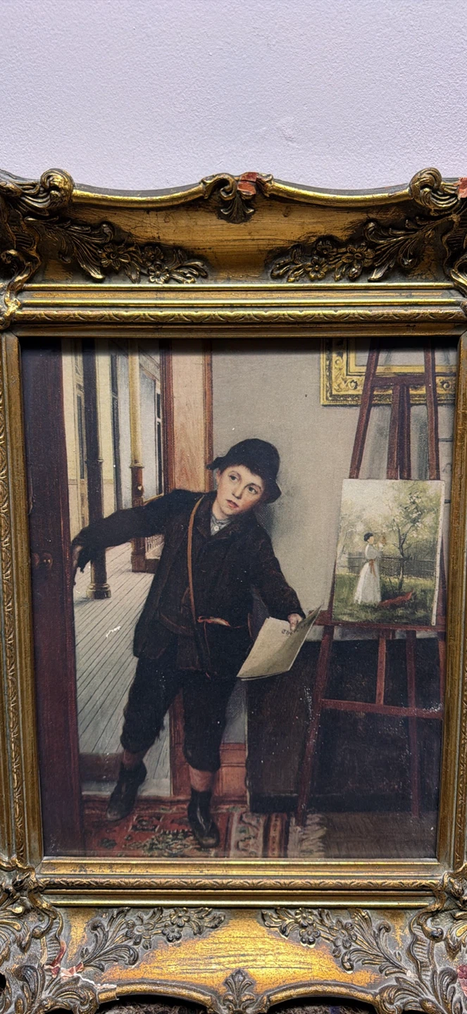 Vintage Framed Painting of a Boy with Sketch